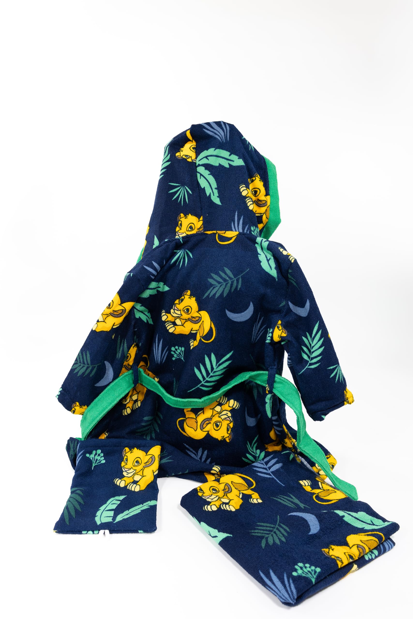 Aymax, Set Peignoir + Serviette + Gant Enfant Le Roi Lion Disney 7-8 Ans | Simba Bleu Marine Vert | Licence Officielle