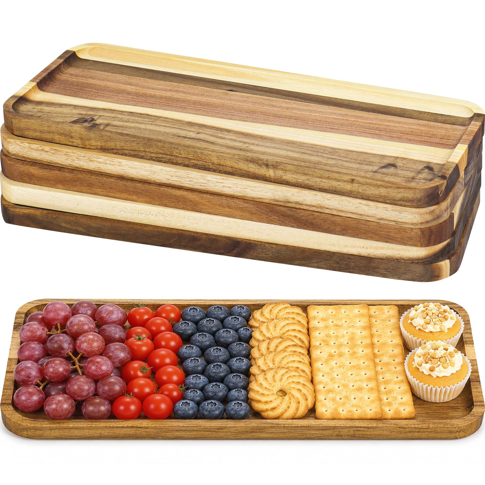 6 Stück Servierplatten aus Akazienholz, Rechteckige Holztabletts 35,5 x 14 x 1,5 cm, Holz Servierbrett für Käse, Snacks, Vorspeisen, Obst, Dessert, Charcuterie, Küche, Café und Party