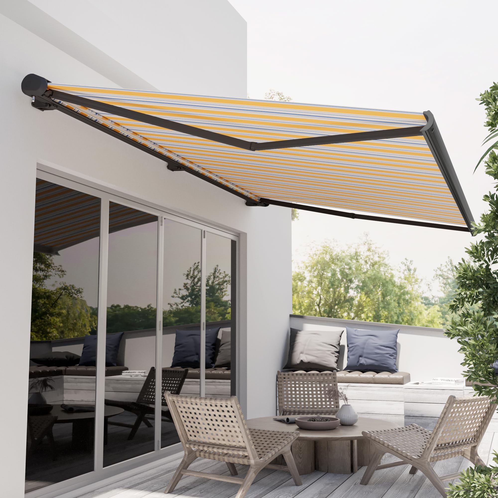 paramondo Markise Kassettenmarkise Curve 2000 Gelenkarmmarkise Balkon Terrasse Sichtschutz, mit jarolift Funkmotor & Funkhandsender, 445 x 350 cm, Gestell Anthrazit, Stoff Multi Gelb-Blau-Grau
