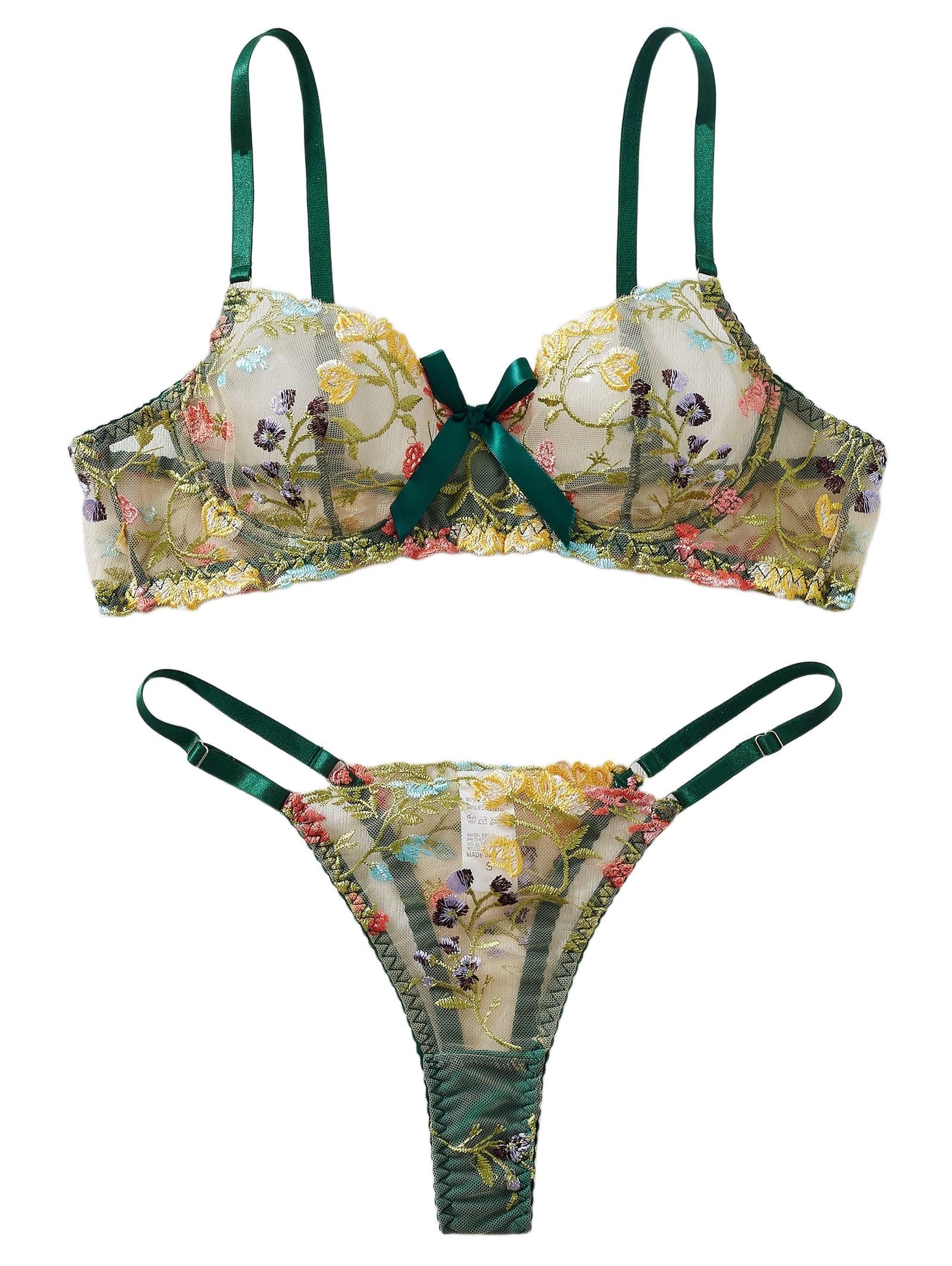 Aimedalis Sexy Floral Embroidered Flower Mesh Underwire Push Up Lingerie Set