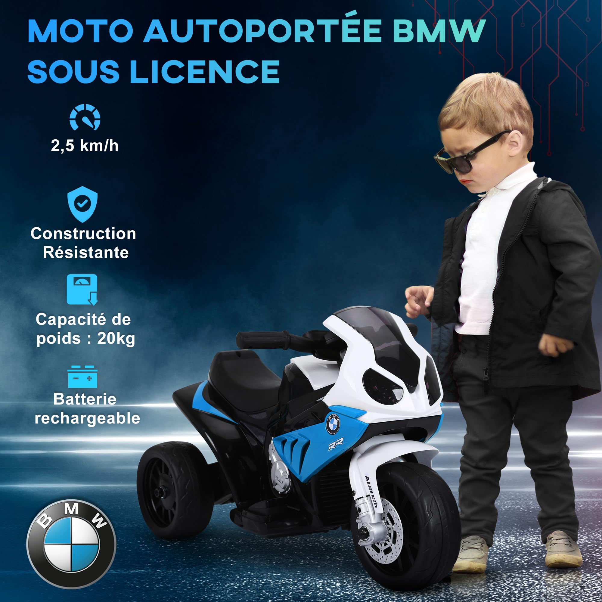 HOMCOM Moto électrique Enfants sous Licence BMW S1000 RR, 3 Roues, 6V et 2,5 Km/h, Voiture électrique Enfants avec Effets Lumineux et sonores, Moto Enfant, Charge Max. 20 kg, Bleu
