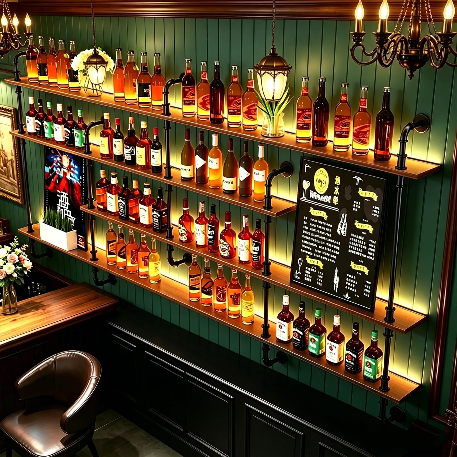 200cm Estante Vino Mural, Estilo Industrial, iluminación LED, Madera Maciza 2cm, Resistente, Uso hogar/Bar/Restaurante