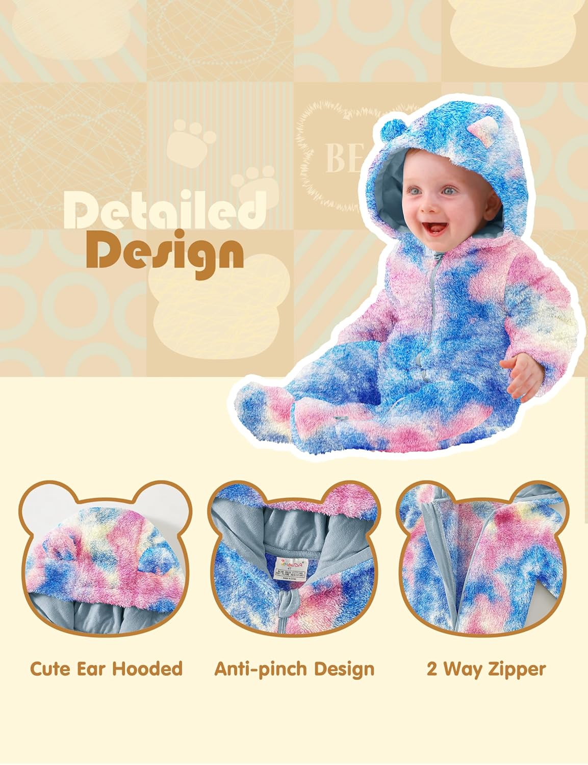 Jimonda Baby Tie Dye Snowsuit Winter Fleece Jumpsuit 0-18 Months, 100% Polyester Hooded Romper with Bear Ears for Infant - Image 3