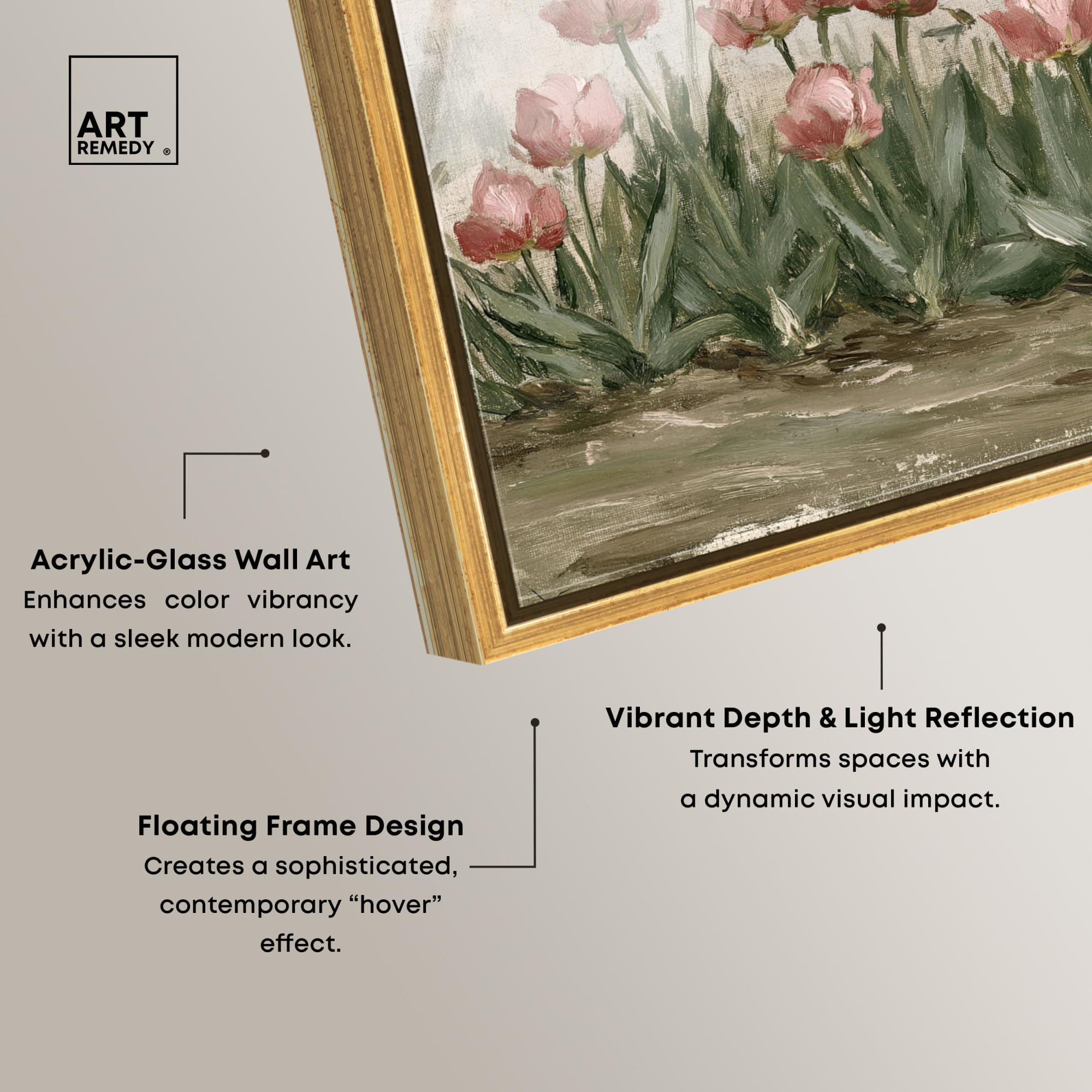 Art Remedy Rose Tulips III Gerahmter Acryldruck, Vintage-Blumenkunst, Goldrahmen, 61 x 50 cm
