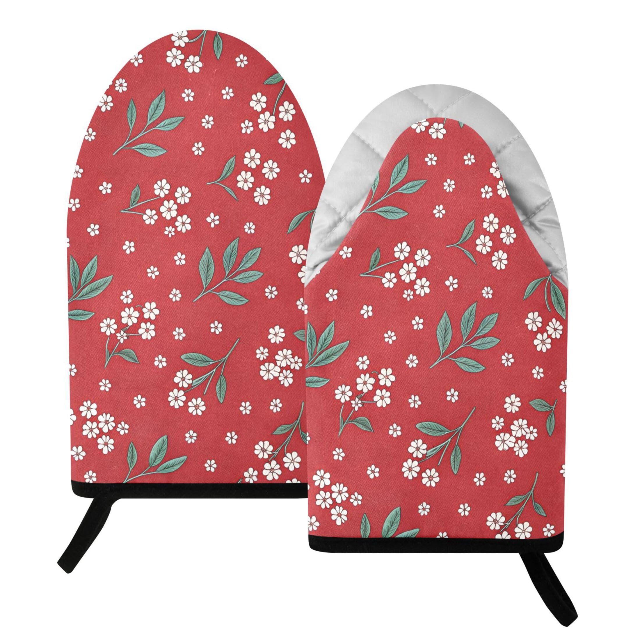 Kutsu Wildflowers Vibrant Red Oven Mitts for Kitchen, Heat Resistant Cotton Oven Gloves for BBQ Baking Cooking, Breathable Kitchen Essentials, 2 pcs