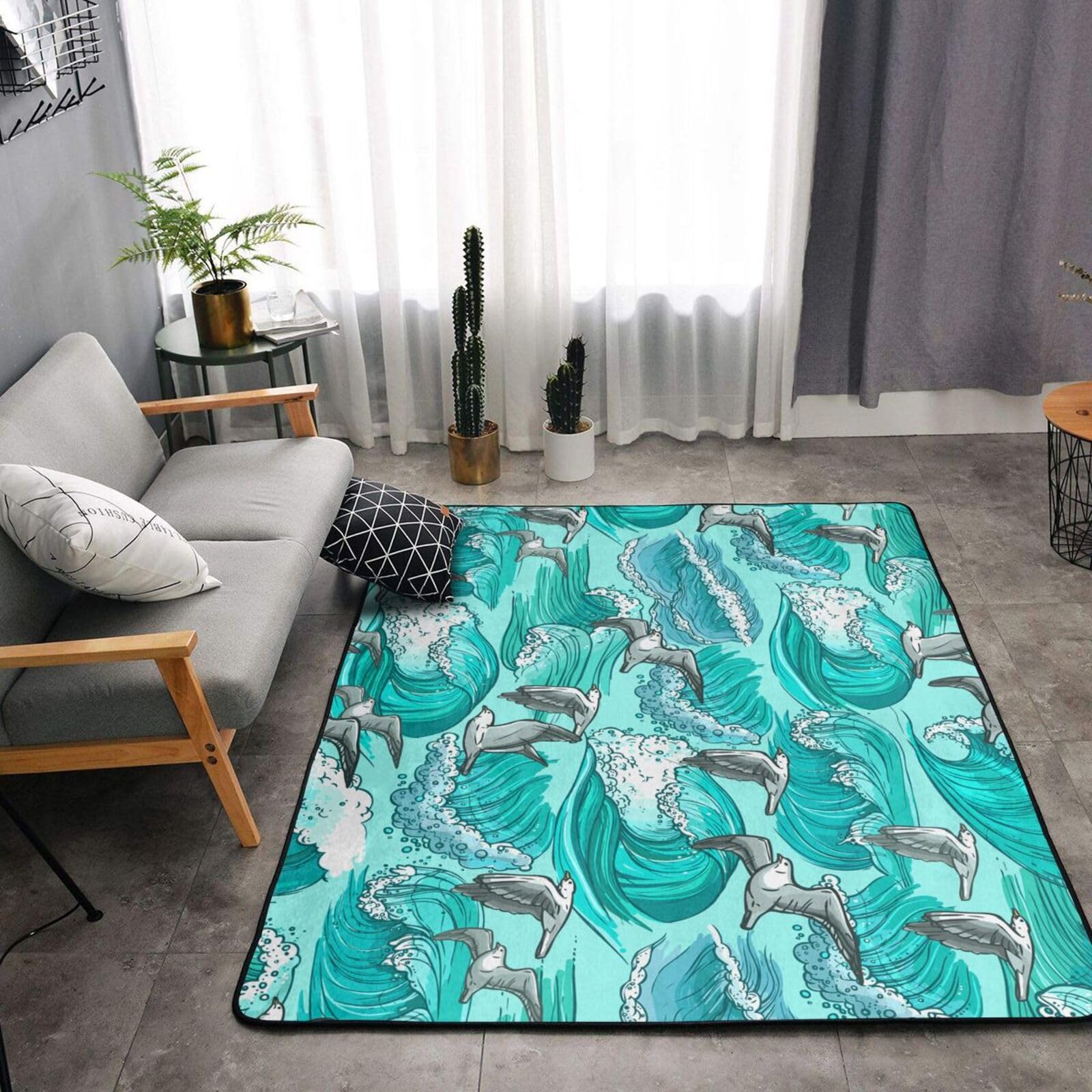 Onde Schizzo Gabbiano Uccelli, Tappeto grande antiscivolo per soggiorno e camera da letto, 160 x 120 cm.