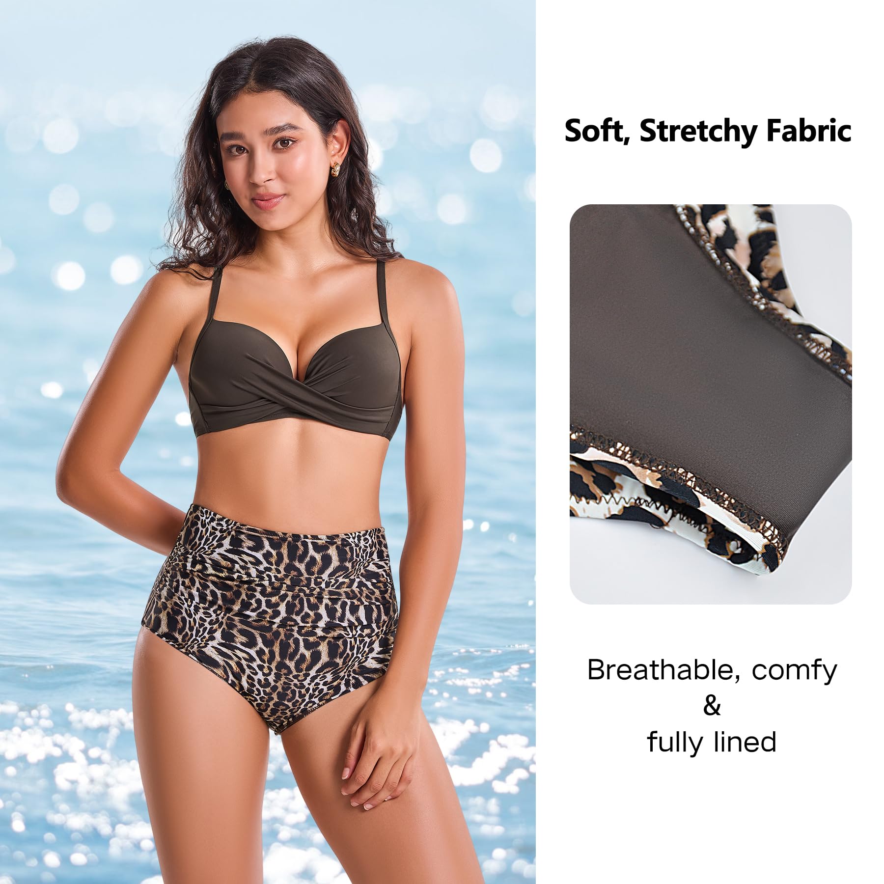 POWER FLOWER Damski zestaw bikini z wysokim stanem kontrola brzucha push-up dwuczęściowy strój kąpielowy z lampartem