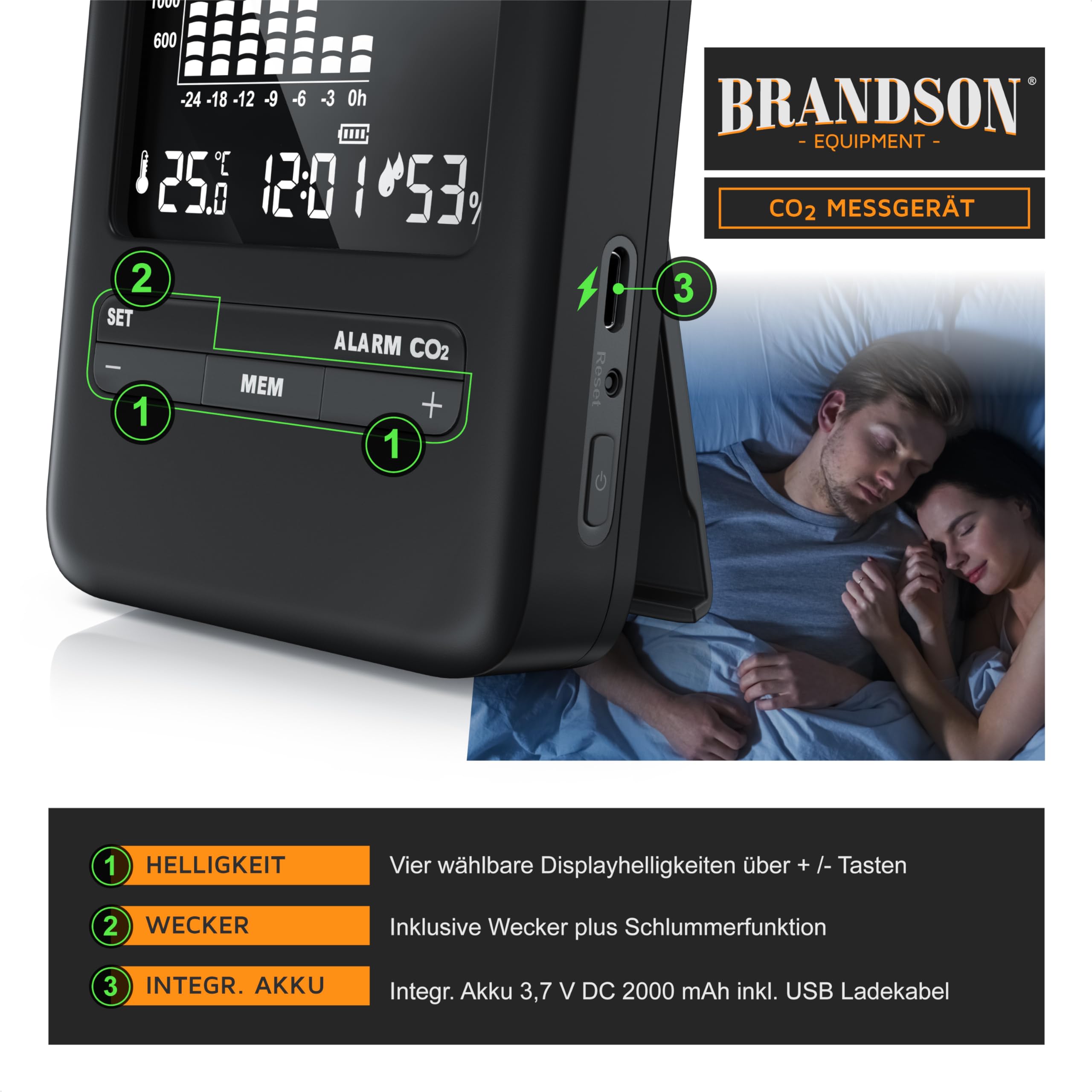 Brandson CO2 Melder Messgerät Kohlendioxidmessung PPM mit Akku 2000 mAh Alarm Wecker Schlummerfunktion Temperatur Uhrzeit Luftfeuchtigkeit schwarz