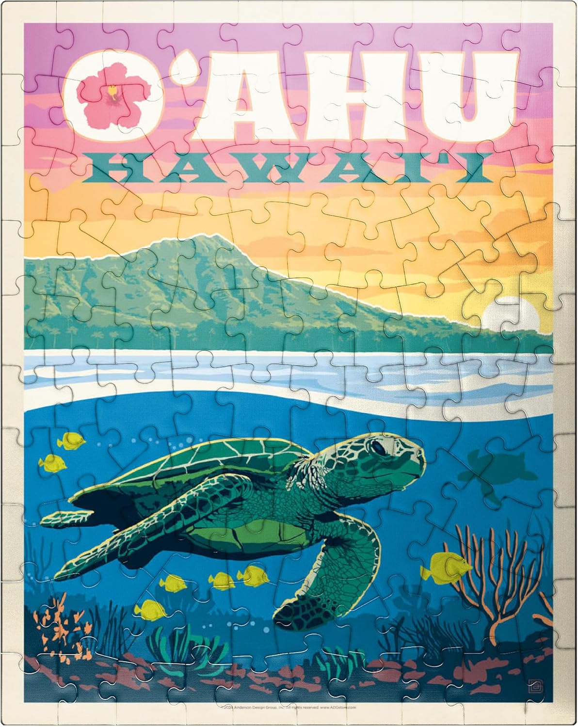 MyPuzzle Hawaii: O'ahu (Sea Turtle), Vintage Poster - Premium 100 Piece Jigsaw Puzzle for Adults