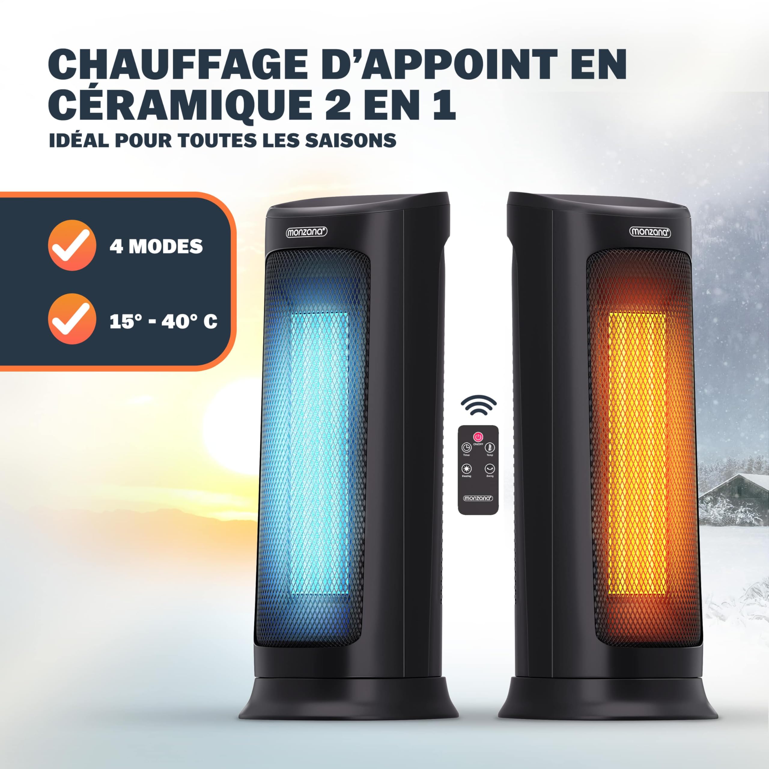 Monzana Radiateur soufflant céramique 2000W Blanc 4 Modes 15-40°C économique Oscillation 120° minuteur télécommande Chauffage d'appoint