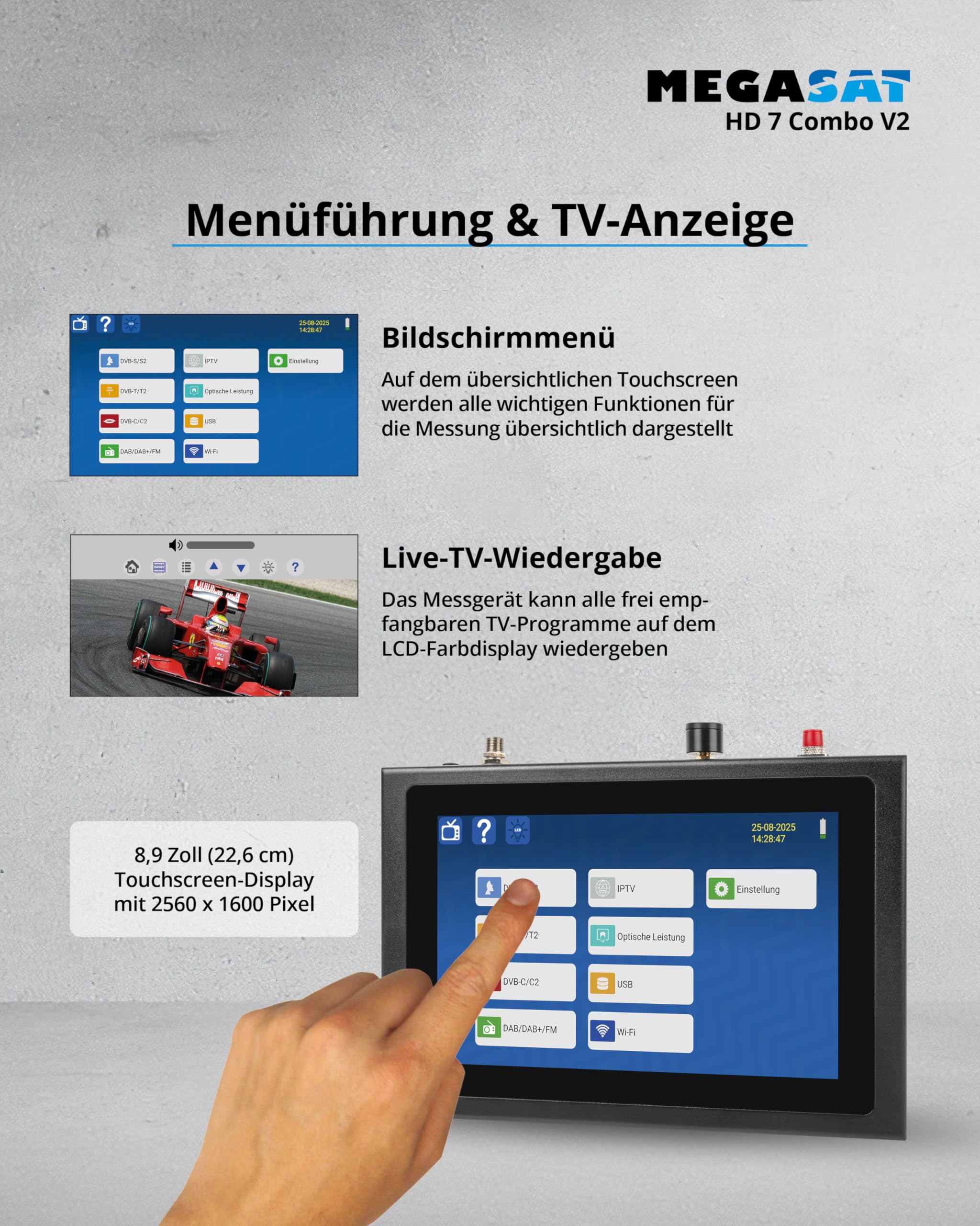 Megasat HD 7 Combo V2 – Combo-Messgerät mit Live-TV-Bild – Schwarz | Für DVB-S, DVB-S2, DVB-T, DVB-T2, DVB-C, DAB+, Unicable, 8,9″ Farbdisplay, Touchdisplay, Akku, Lampe