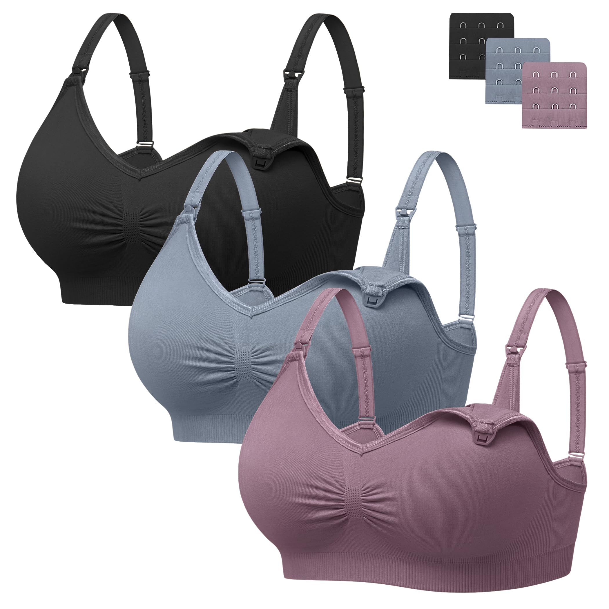 HBselect Nahtloser Schwangerschafts Still BH mit extra BH-Verlängerungen | 3er Set Still-BHs ohne Bügel, viele Farben & Größen wählbar, mit Stillverschluss für werdende und stillende Mütter
