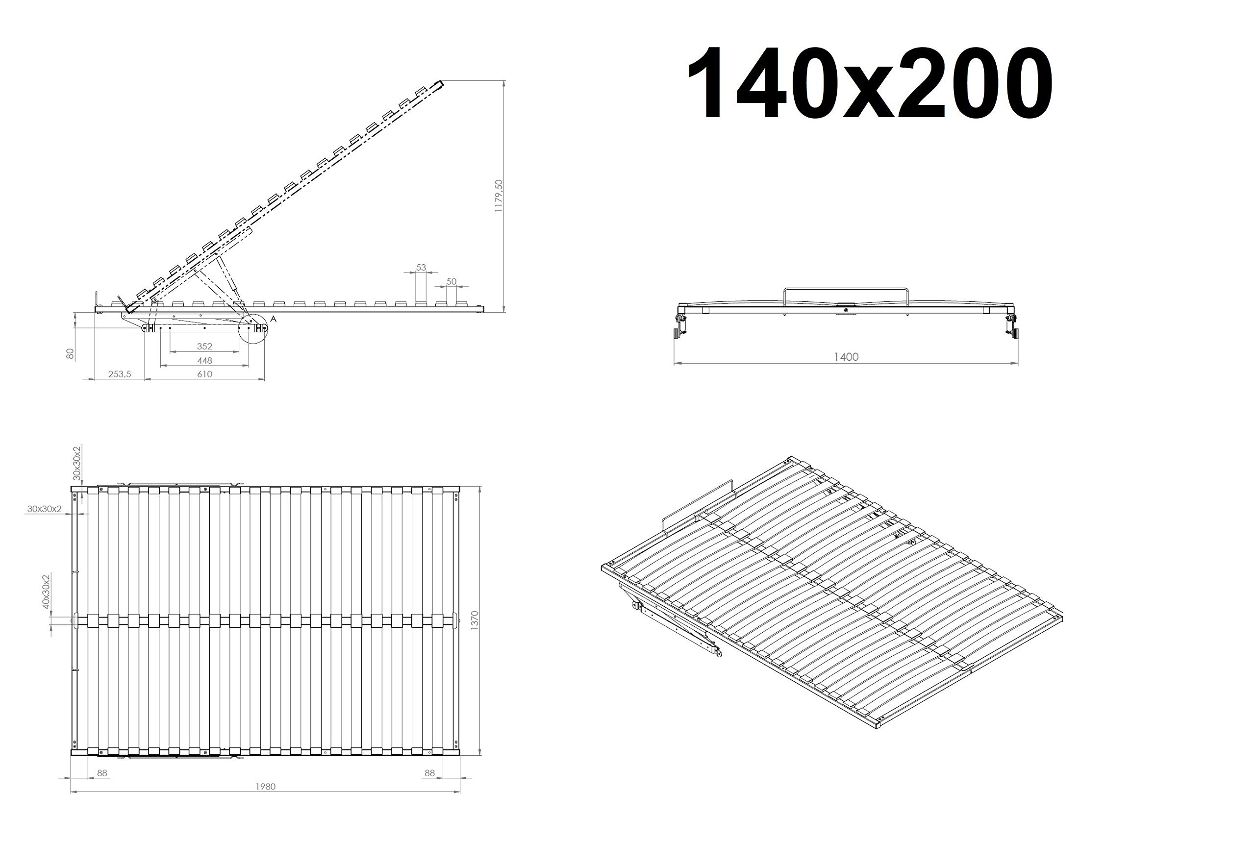 Lattenrost mit Hebemechanismus für Bett Lattenrahmen klappbar Metall Lattenrahmen für Bettkasten klappbar Bettkastenfunktion 90x200,120x200,140x200, 160x200, 180x200, 200x200 (140x200)