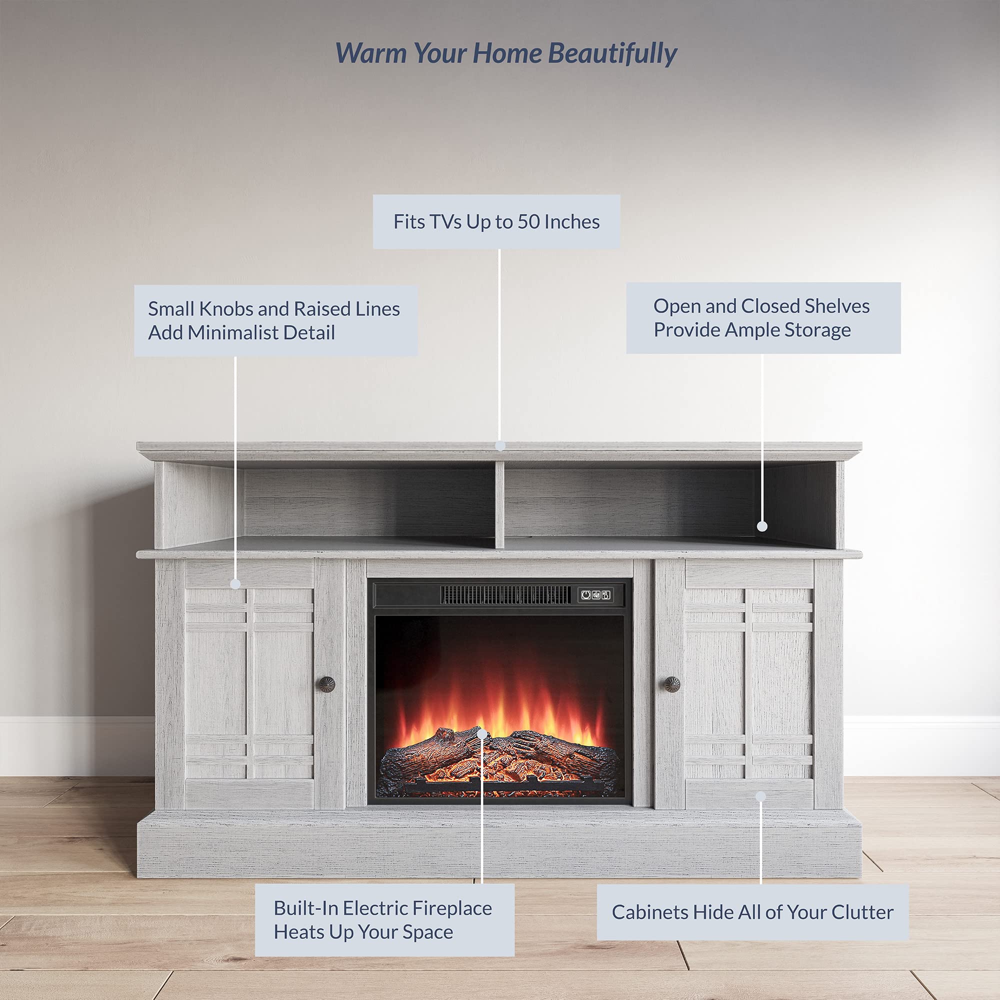 BELLEZE Modern 48 Inch Farmhouse Electric Fireplace TV Stand & Media