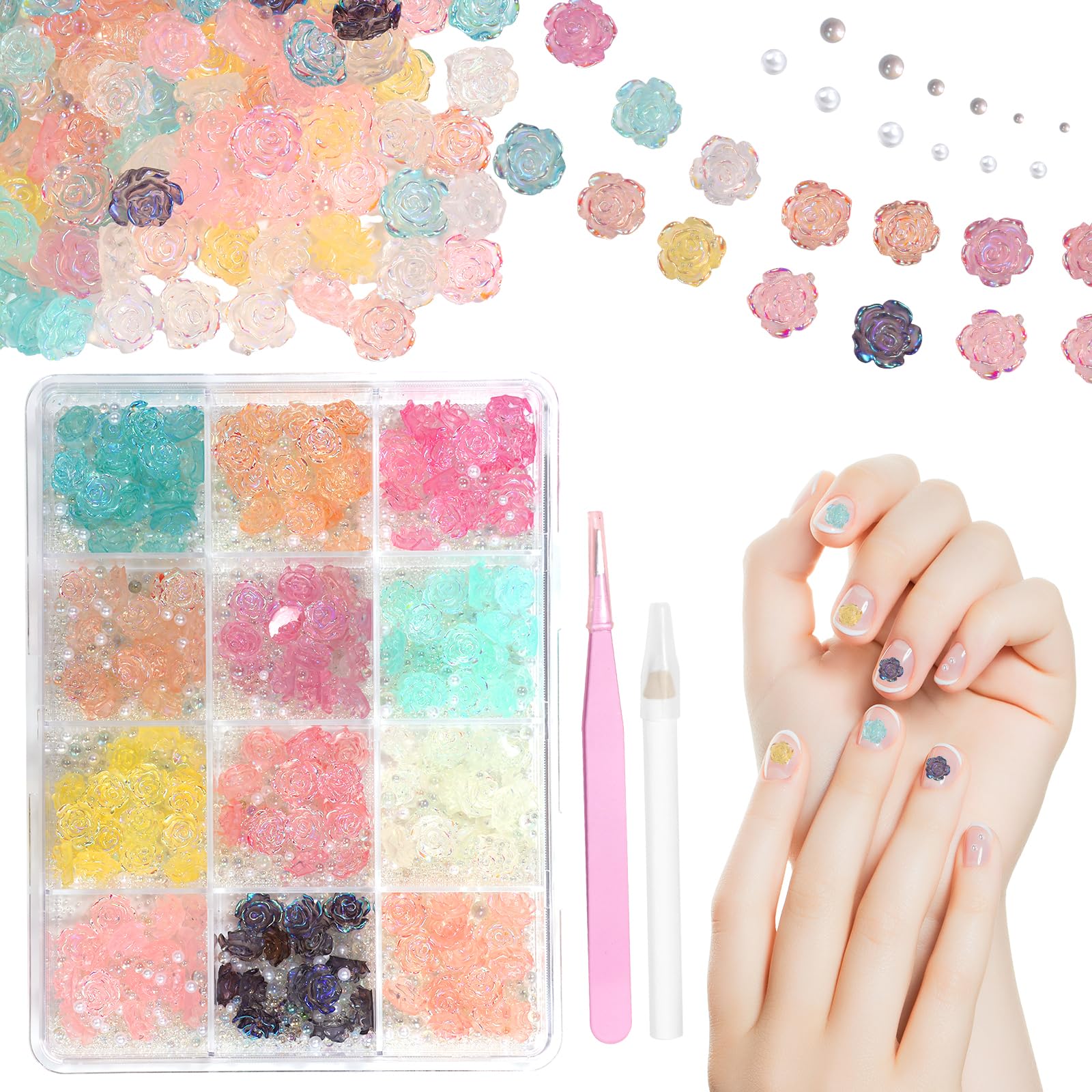 Rose Flowers Nail Charms, 3D Camellia Flower Nail Art Charms, Color Roses Flower Blossom Camellia Designs Charms for Acrylic Nails Art DIY Design