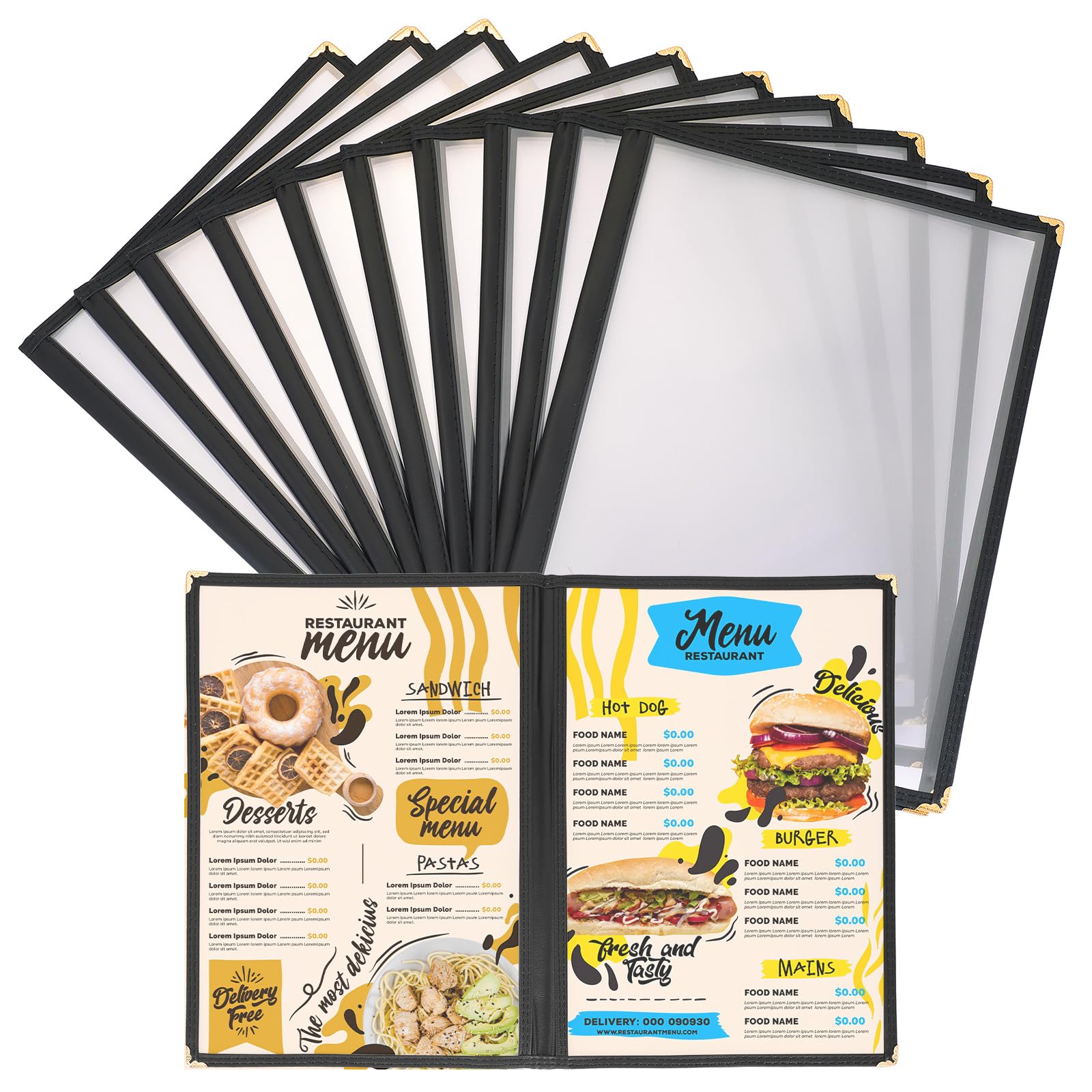 DASBET Protège-menu A4 pour menu de restaurant, 2 pages, 4 vues transparentes, chemises de menus noires avec protections d'angle en métal, convient pour les restaurants, bars, cafés (10, 2 pages, 4