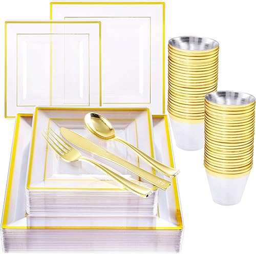 150 platos cuadrados de plástico de oro rosa con cubiertos y tazas, vajilla desechable de oro rosa incluye 25 platos de cena, 25 platos de postre,