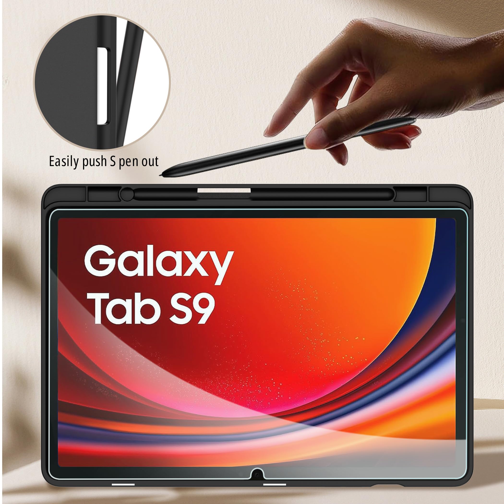 Custodia Cover Compatibile con Samsung Galaxy Tab S9 FE/S9 2023 11 Pollici con Cover Leggero Supporto in Pelle PU Case con Vetro Temperato,SM-X710 (Wi-Fi)/SM-X716B (5G Global)/SM-X718U,Nero