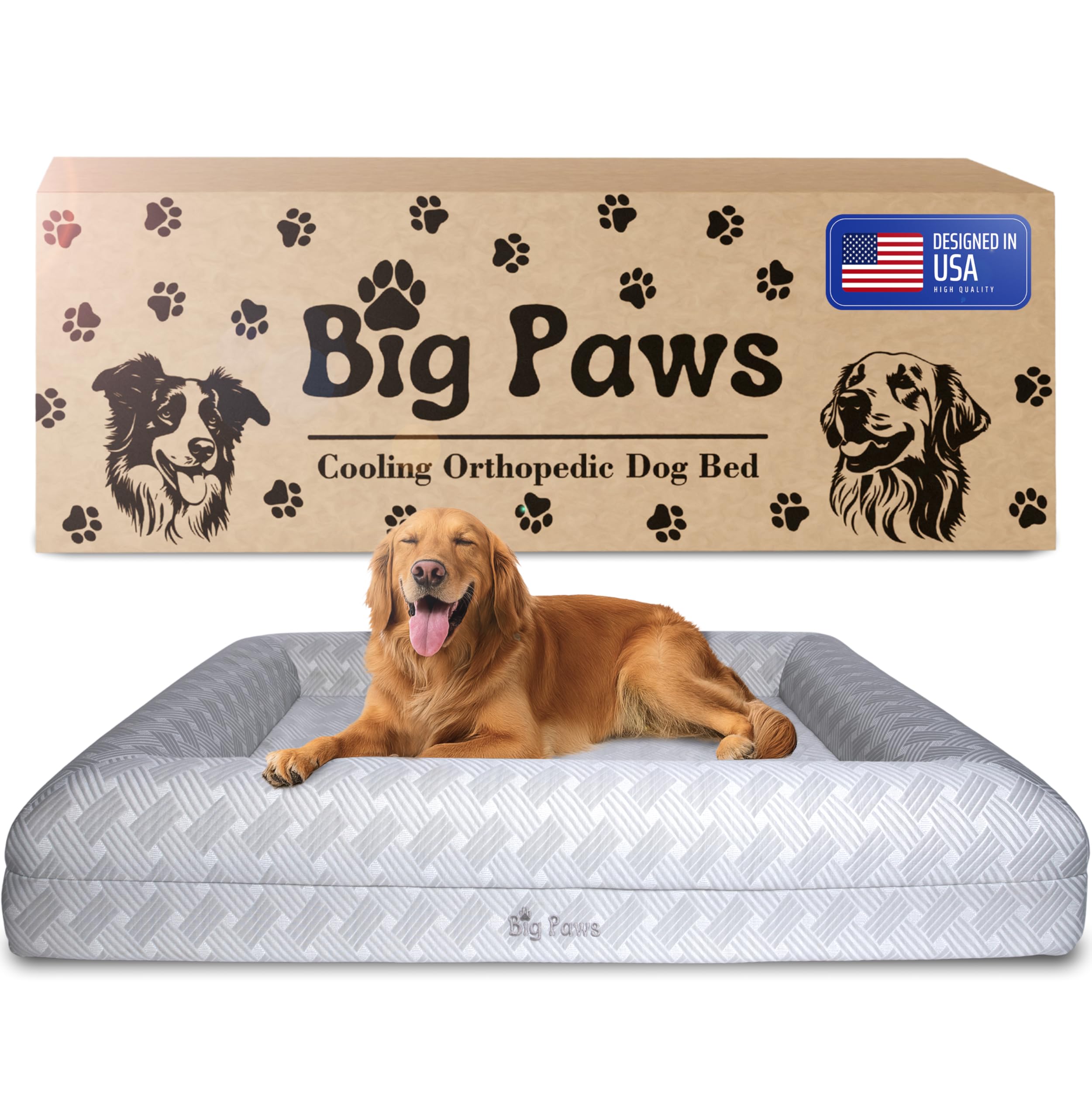 Big Paws Cooling Orthopedic Dog Bed for XL & Senior Dogs + Enclosed Support, High-Density Memory Foam, Waterproof Liners, Washable Cover