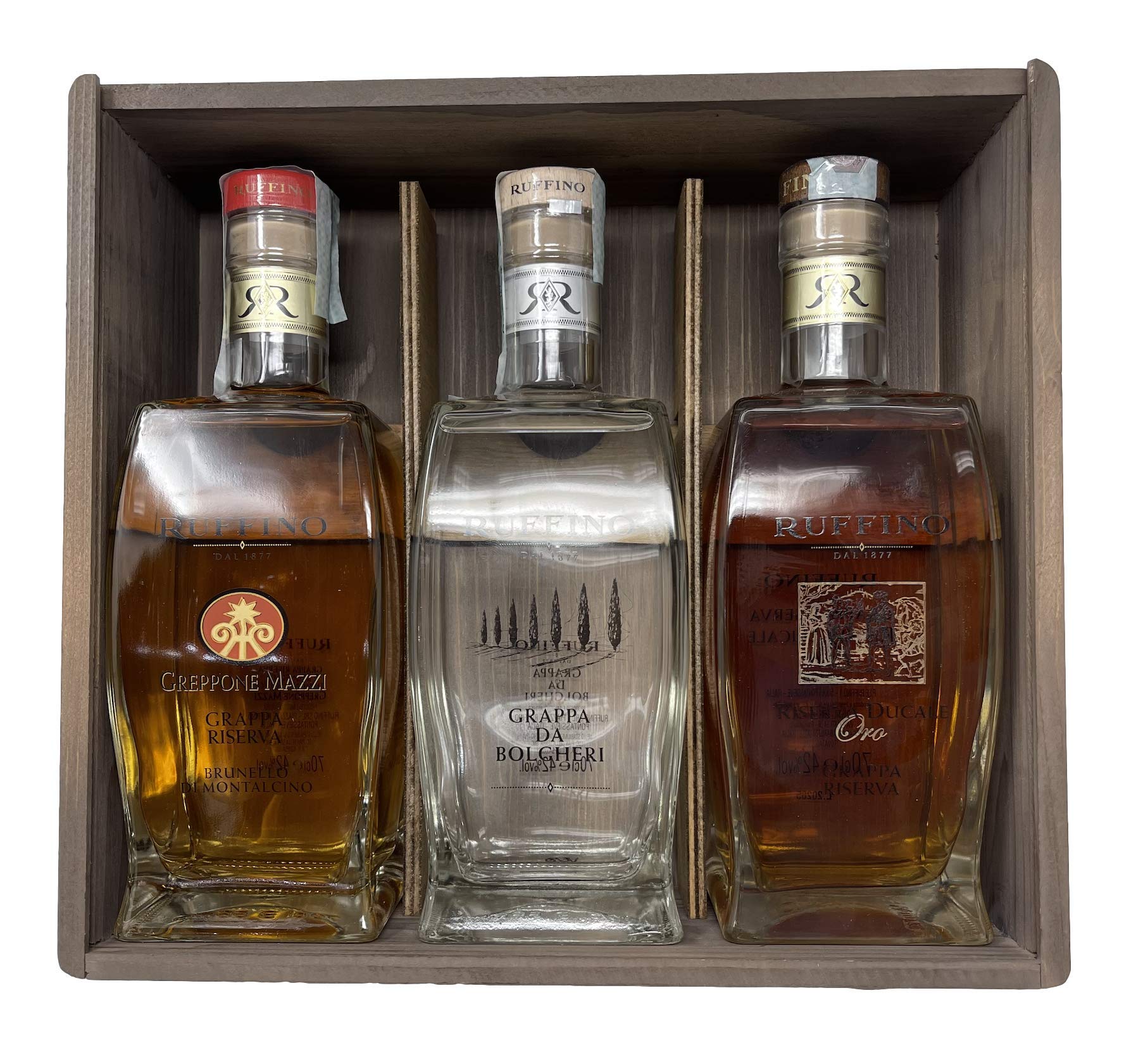 Cassetta in legno Luxury -Ruffino- Selezione 3 Grappe, Grappa Riserva Brunello di Montalcino + Grappa da Bolgheri + Riserva Ducale Oro 70 cl 42%