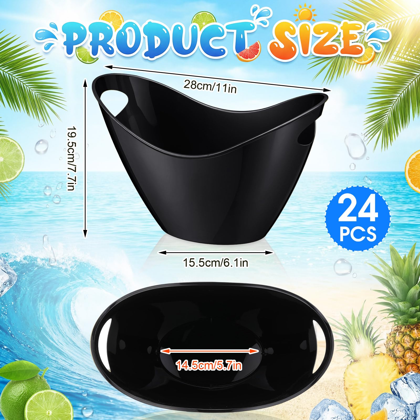 meekoo 24 contenitori ovali con manici, secchielli per ghiaccio da 4 l, in plastica, per vino, birra, champagne, bevande rinfrescanti, per feste, bevande, per interni ed esterni, cocktail bar (nero)