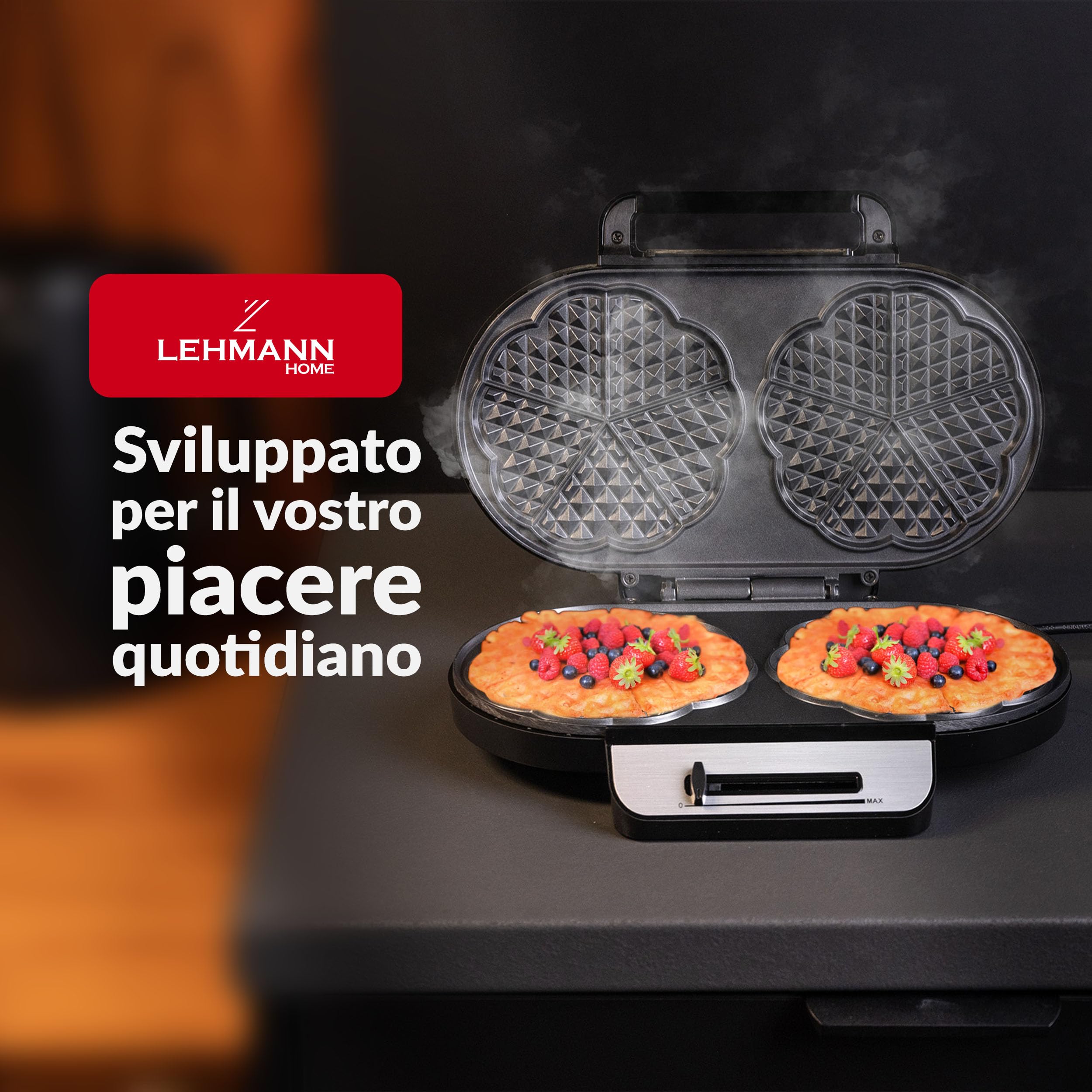 LEHMANN Doppio Piastra per Waffle a Forma di Cuore, Waffle Maker per 10 Cuori, 2 Superfici di Cottura Antiaderenti, Controllo Della Temperatura, Indicatore di Pronto, 1200W, Nero/Argento