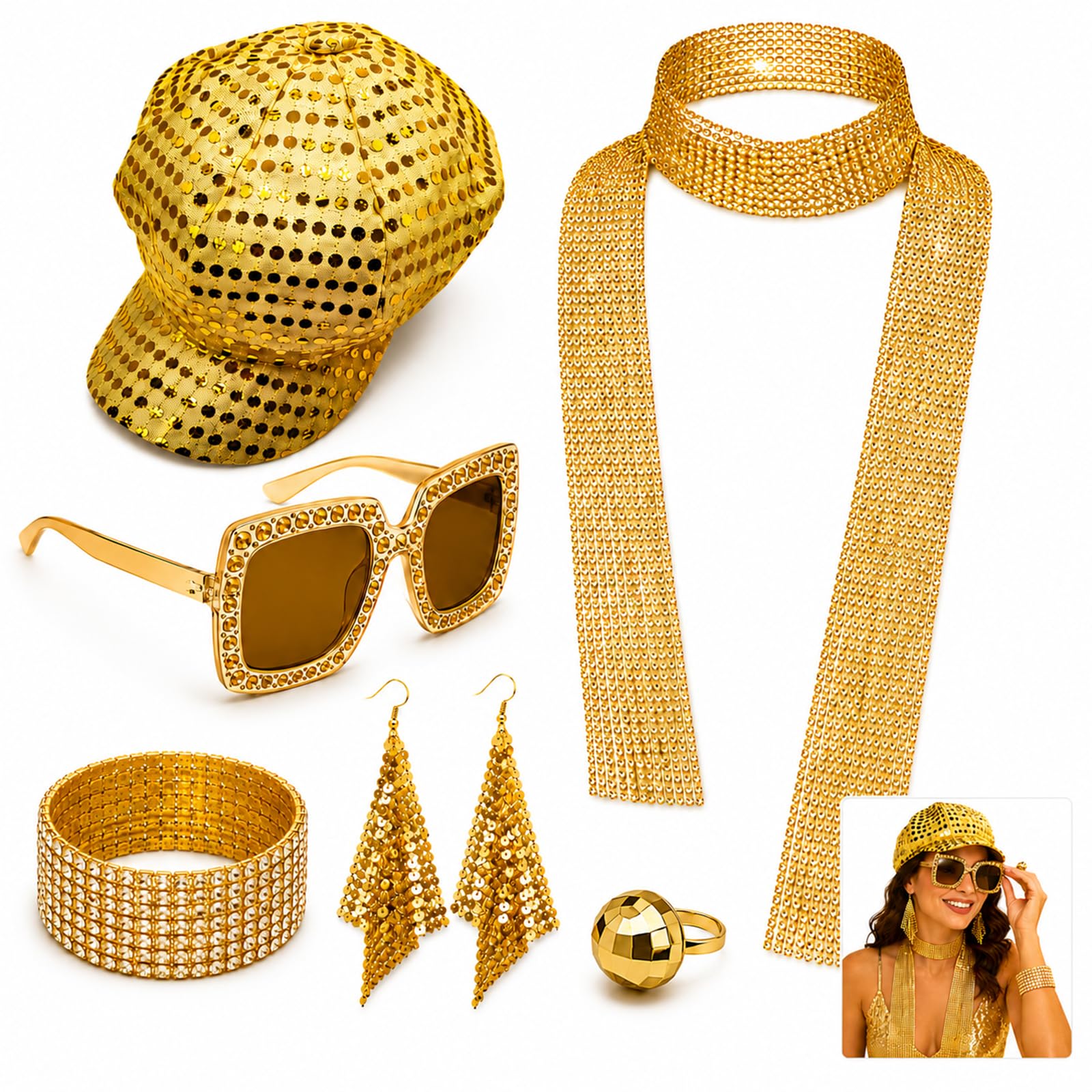 TOUKBEAU ABBA Costume & Accessories Set for Women - 70s Disco Full Outfit with Glitter Hat, Scarf, Sunglasses, Bracelet, Earrings & Ring for Theme Party (Gold) โ image 1