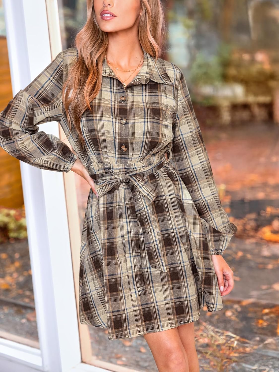 CUPSHE Women's Plaid Fall Dresses Collared Long Sleeve Belted Tie Front Button Up Shirt Mini Dress - Image 4