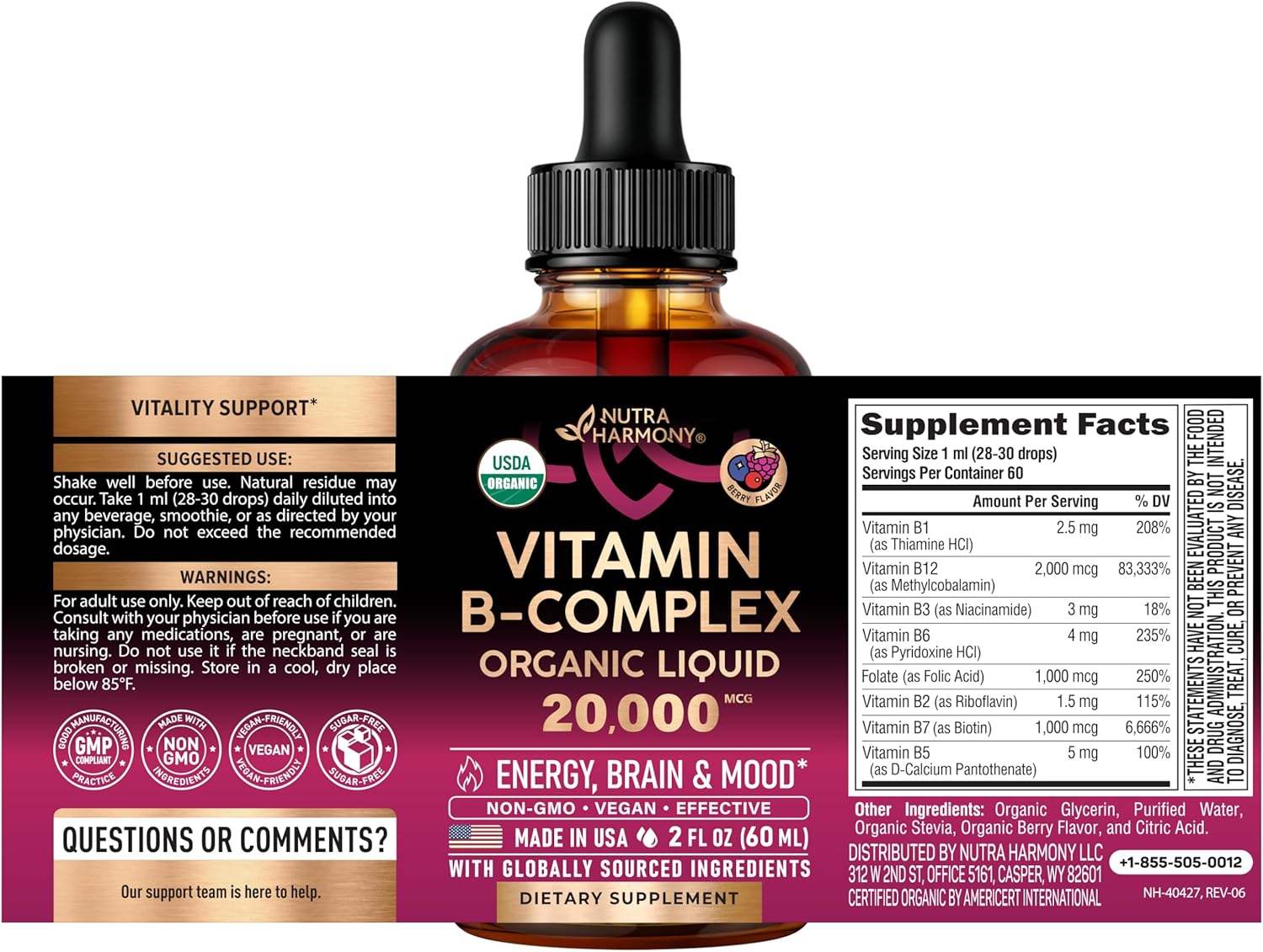 USDA Organic Vitamin B-Complex B5 Pantothenic Acid | B12 Methylcobalamin | B1 Thiamine | B6 Pyridoxine | B7 Biotin | B9 Folic | B3 Niacinamide - B Complex Liquid Drops, Made in USA Supplement, 2fl oz