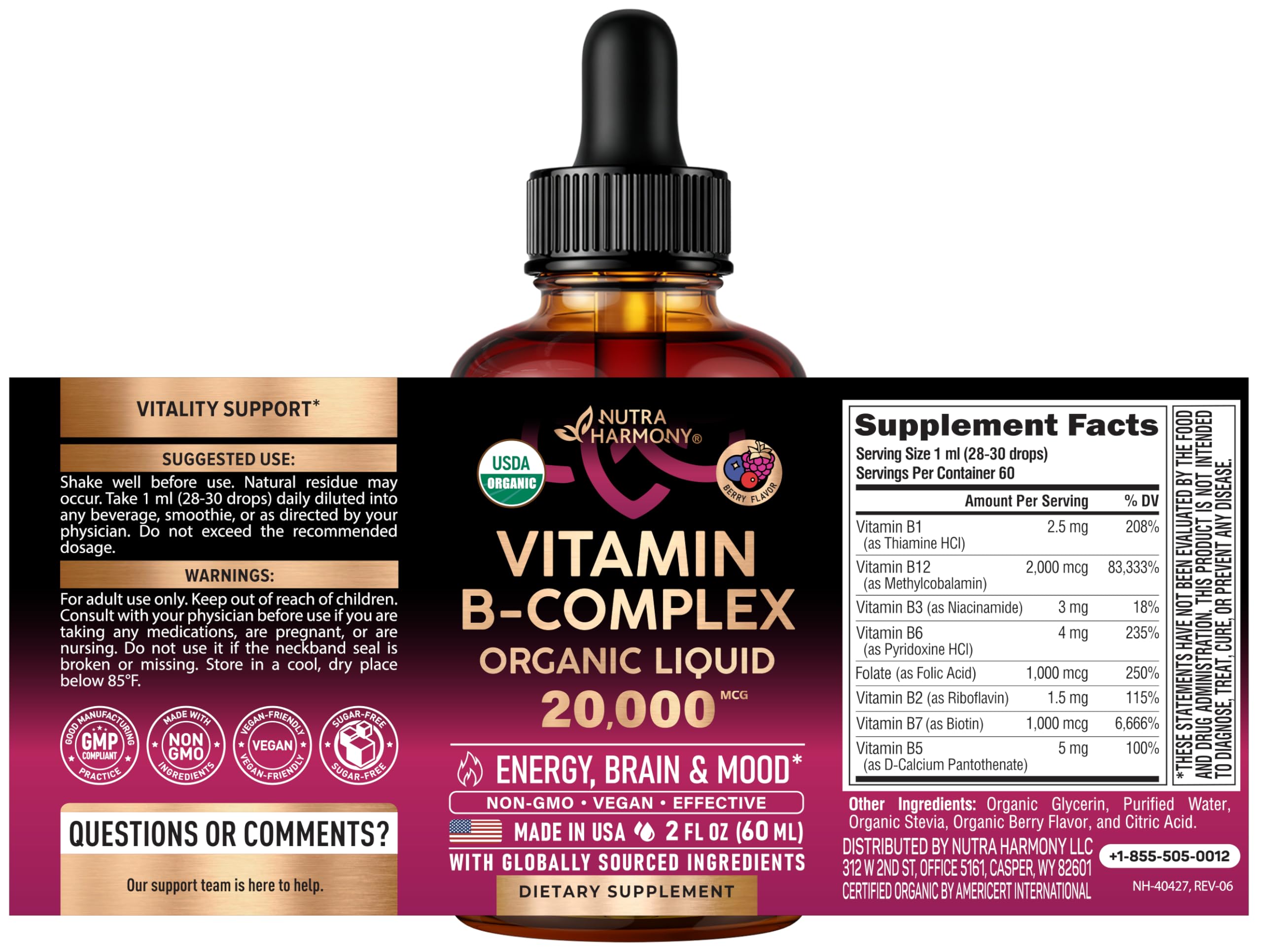 USDA Organic Vitamin B-Complex 20000mcg - B5, B12, B1, B6, B7, B9, B3 - 2Oz — Amazon image 2