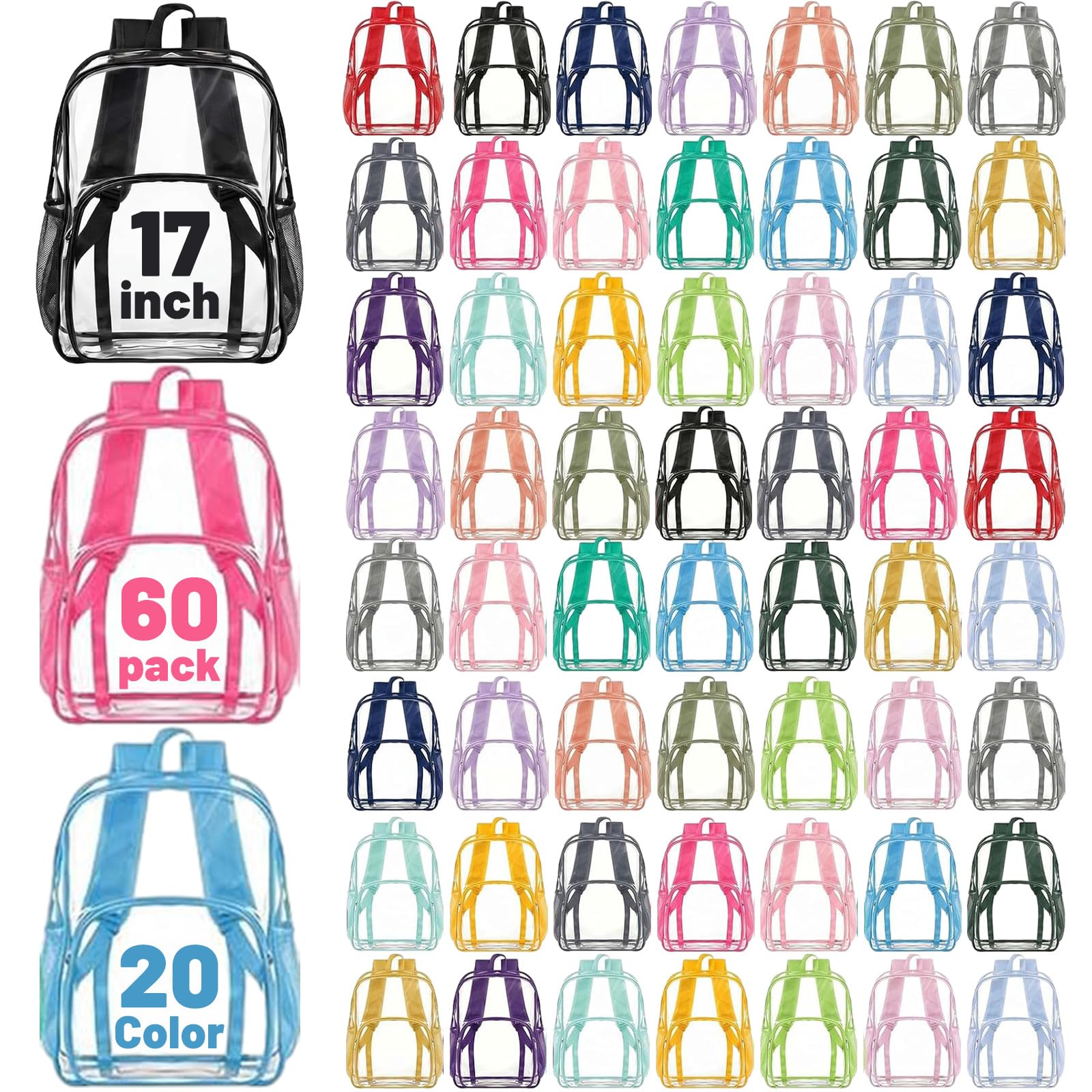 Amylove 60 Pcs Clear Backpack bulk for Stadium Events Heavy Duty PVC Transparent Bookbag for College Workplace Security (17 Inches,20 Colors)
