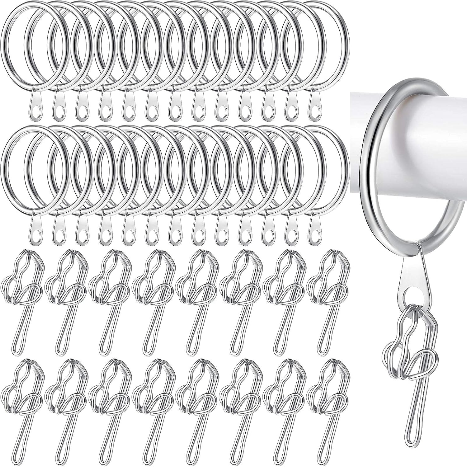50 Pieces Metal Curtain Hooks and 50 Pieces Curtain Pole Rings for
