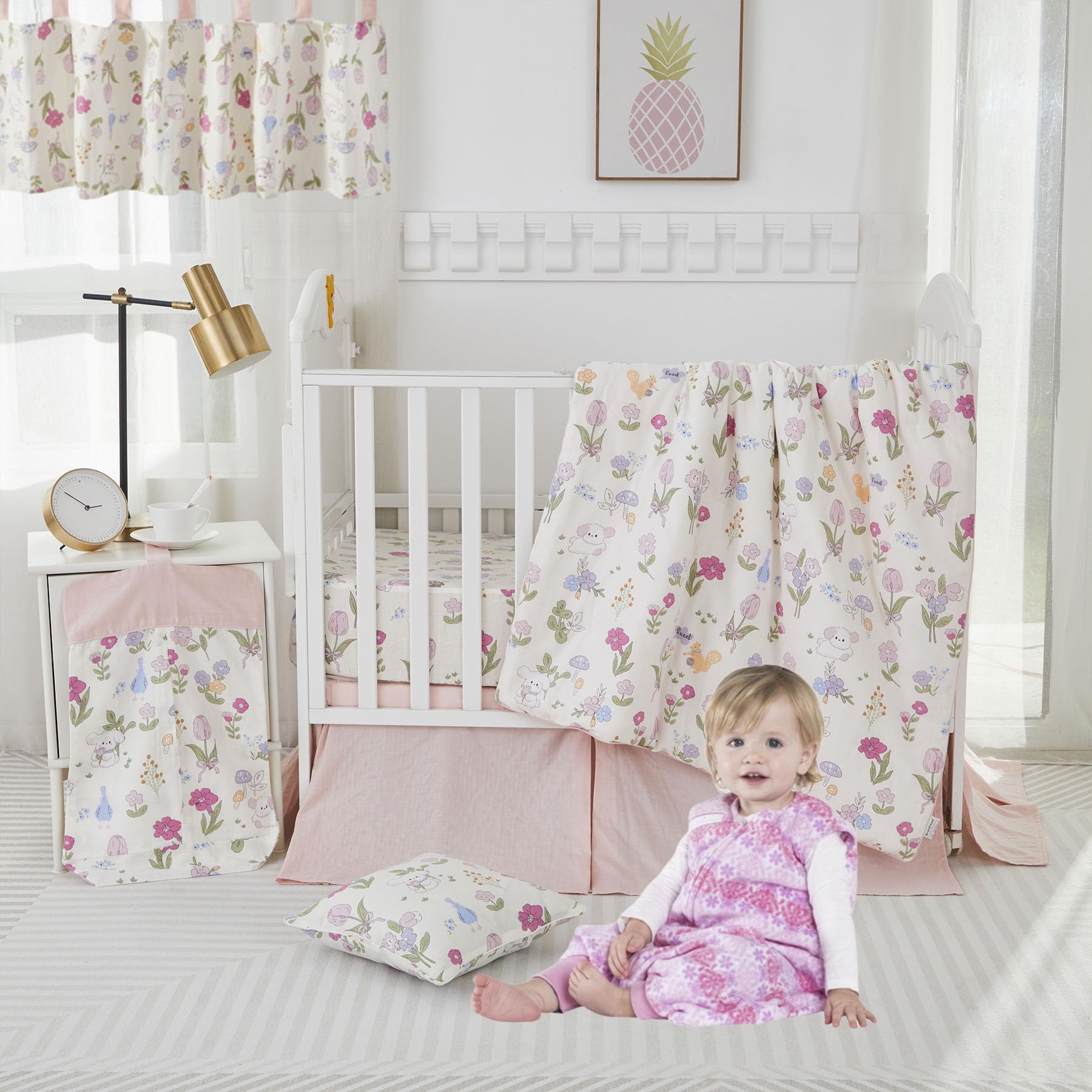 Brandream Set di biancheria da letto per culla in mussola di cotone, per bambine, con stampa di fiori selvatici, set di biancheria da letto per la cameretta dei bambini, leggero, morbido e