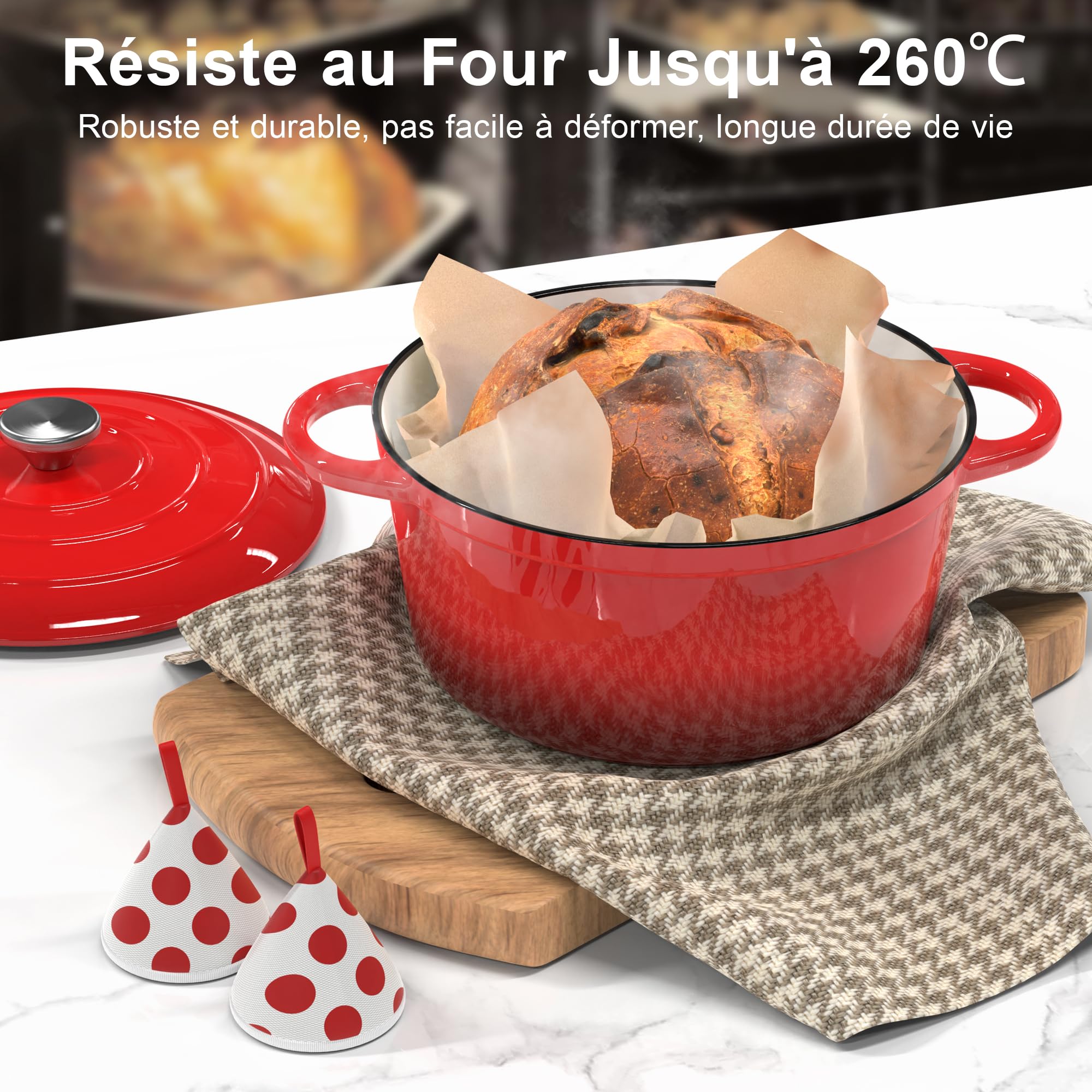 Cocotte Fonte - 26cm Rouge Faitout Marmite Four Hollandais avec Couvercle, Topbooc 5L Dutch Oven Émaillée Compatible Induction, Gaz, Four, Casserole pour Braiser Ragoûts Rôtir Pain