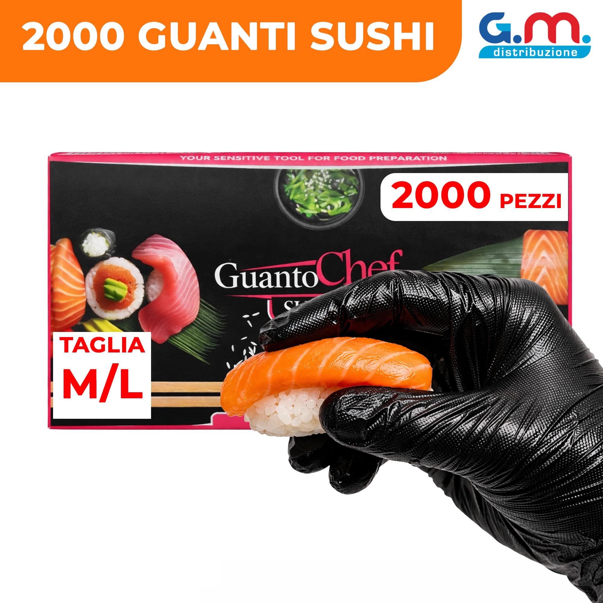 GM 2000 Guanti Sushi Extrasensibile Neri Taglia M/L, Senza Polvere e Lattice, Ipoallergenici, Guanti Monouso per Sushi, Manipolazione degli Alimenti