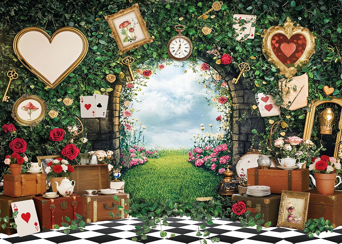 Wonderland - Sfondo fotografico con foglie verdi e rose a scacchiera con fiabe, sfondo fotografico, principessa, baby shower, feste di compleanno, striscione per ritratti fotografici (2,3 x 1,8 m)