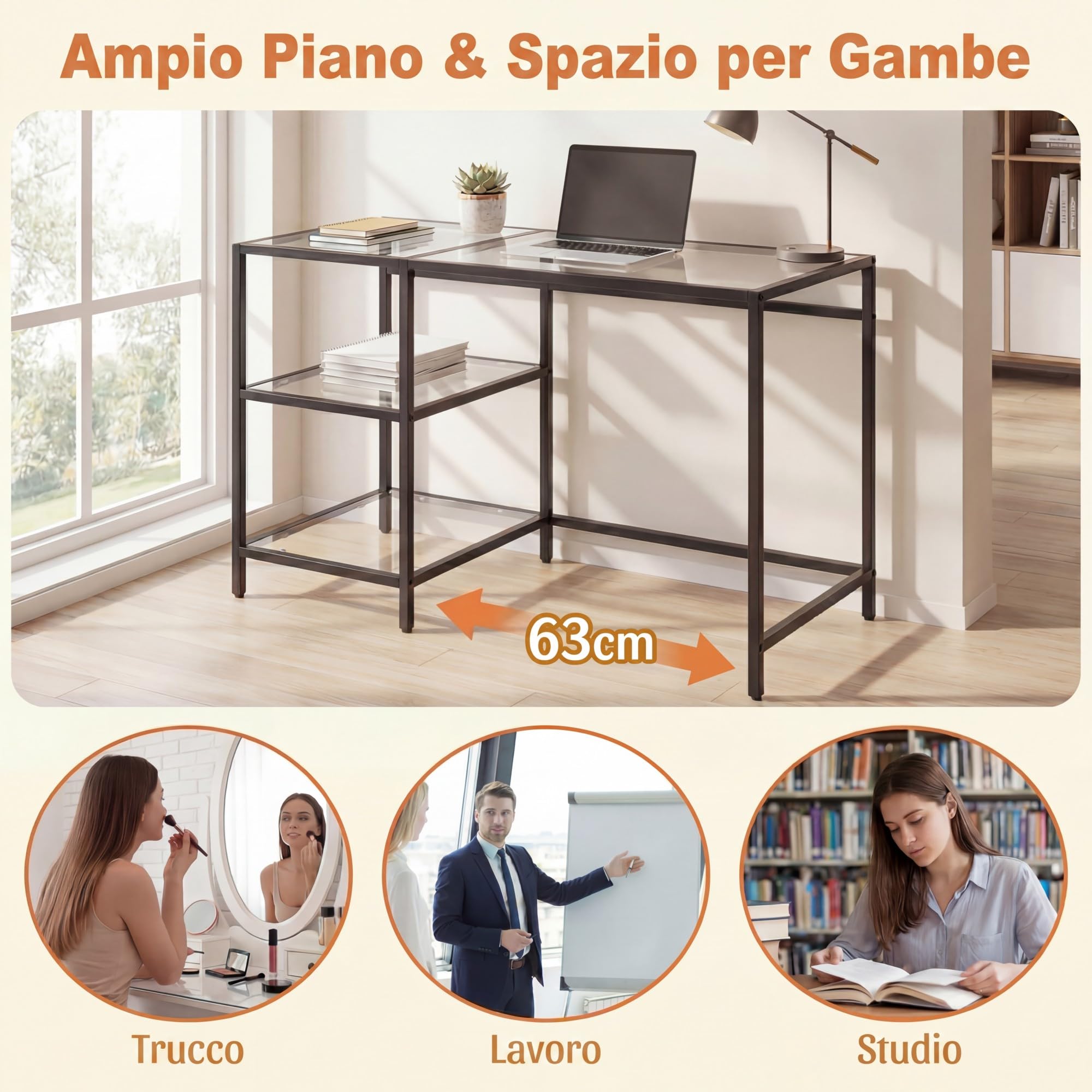 RELAX4LIFE Scrivania in Vetro Temperato, Scrivania per Computer con 2 Ripiani Aperti e Struttura in Metallo, Tavolo Consolle Moderno per Soggiorno, Ufficio e Studio, 106 x 51 x 77,5 cm (Nero)