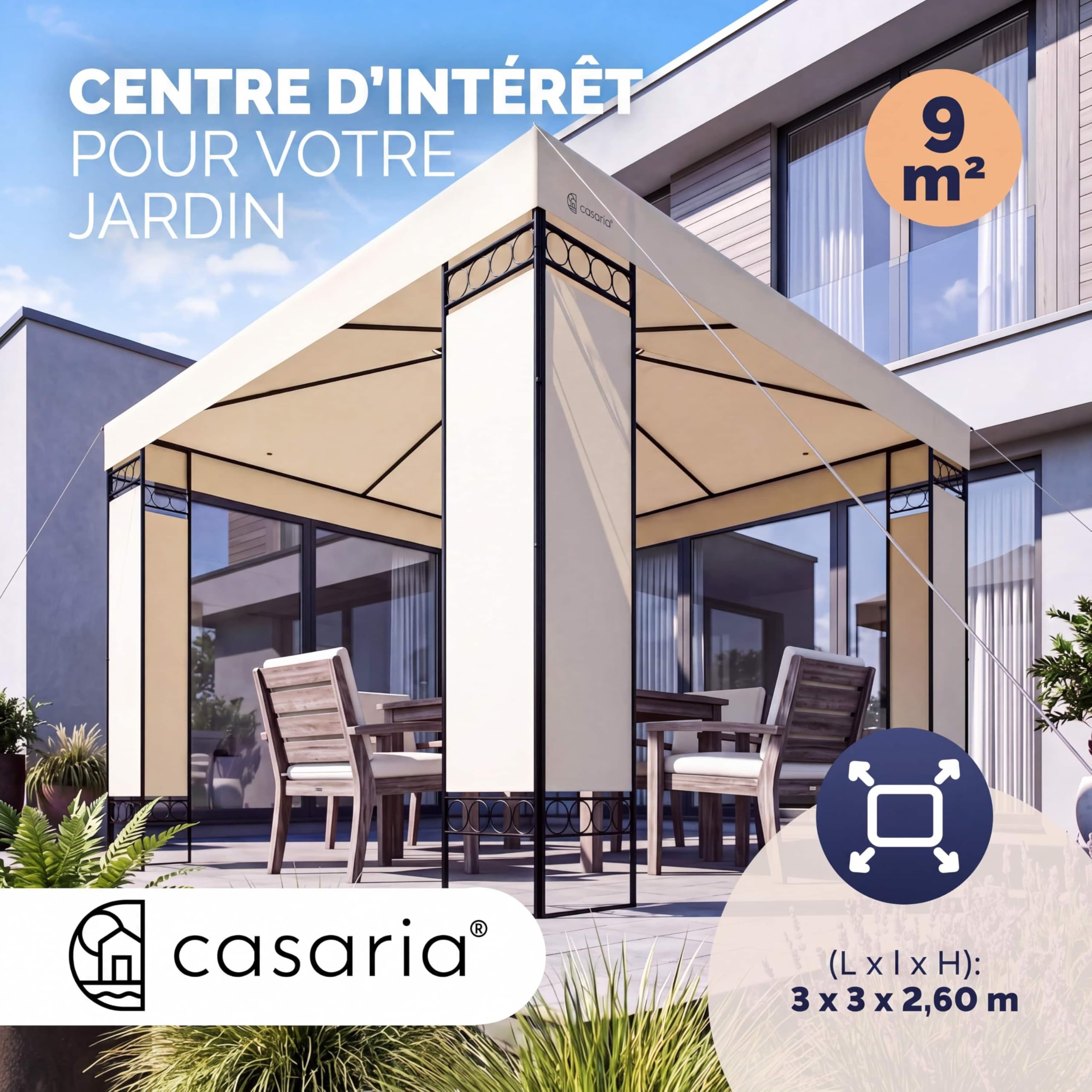 Pavillon Lorca 3x3 m métal Toile Hydrofuge Protection UV 50+ Tente de réception tonnelle de Jardin pergola mobilier extérieur crème