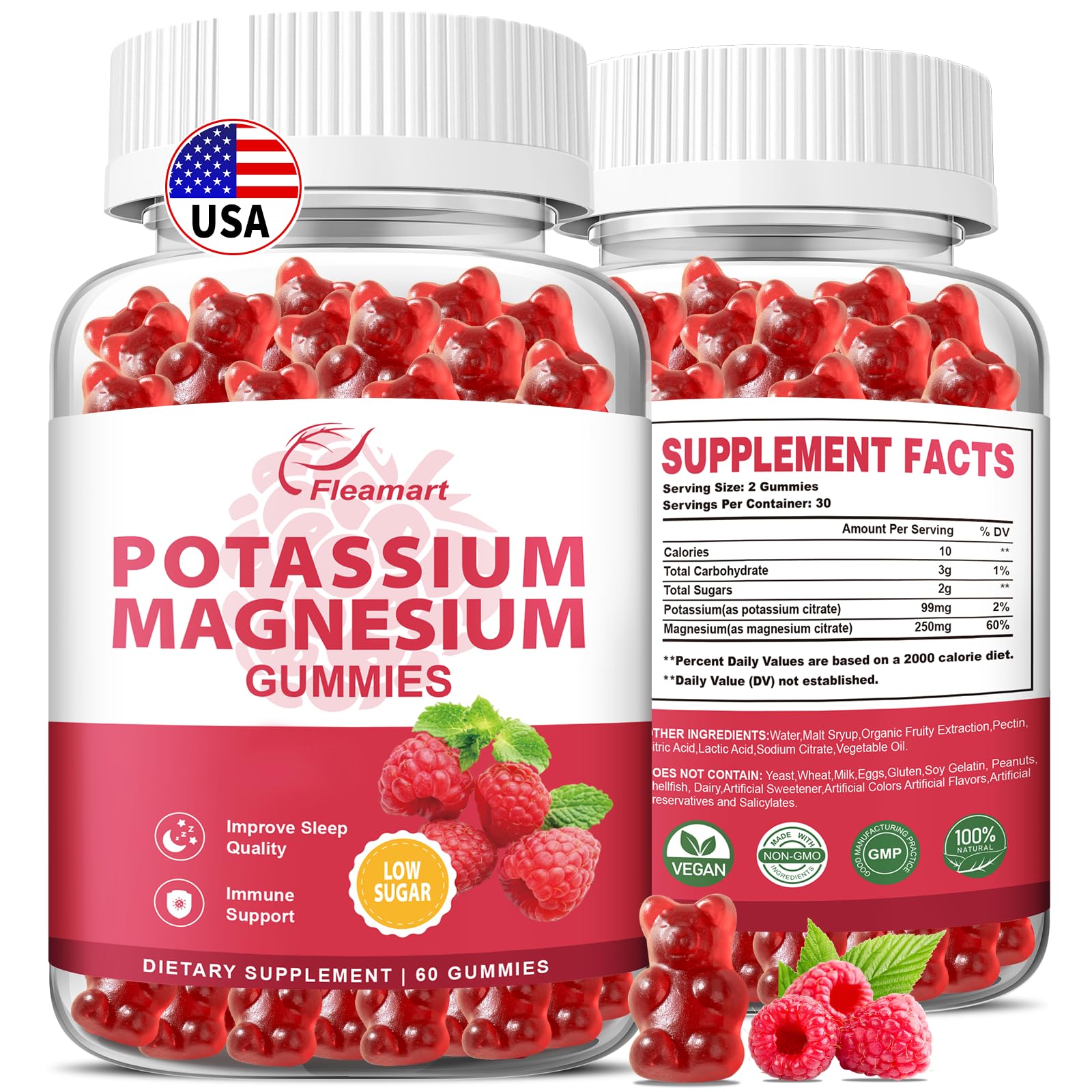 Potassium Magnesium Gummies, Potassium Supplement with Magnesium Citrate Raspberry 60 Count (Pack of 1)