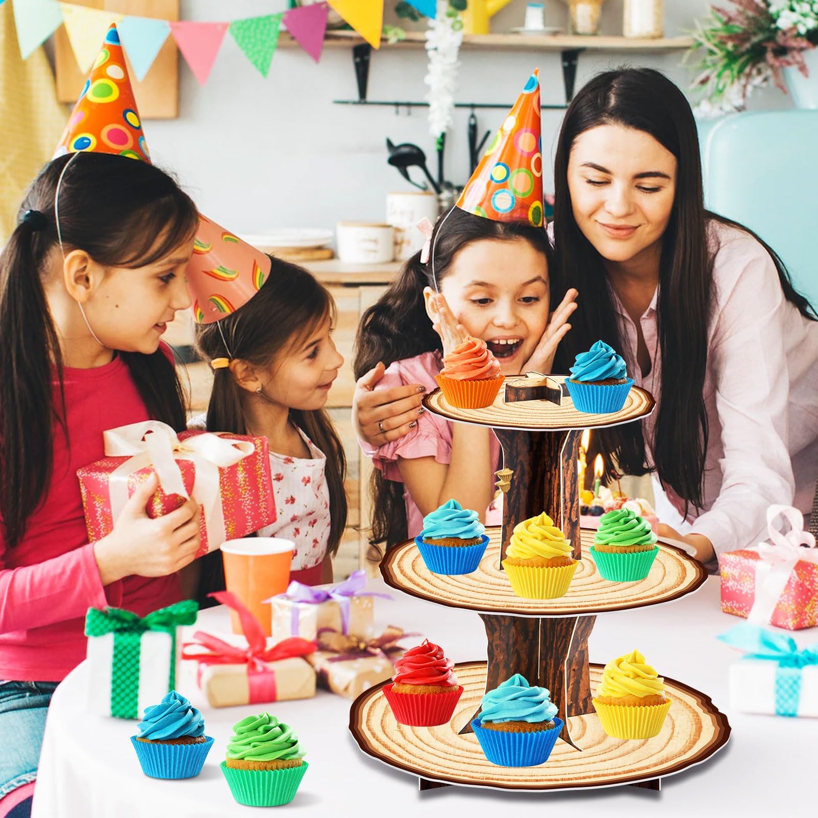Confezione da 2 alzate rotonde in cartone per cupcake a 3 livelli, per tè pomeridiano, per compleanni, feste, baby shower