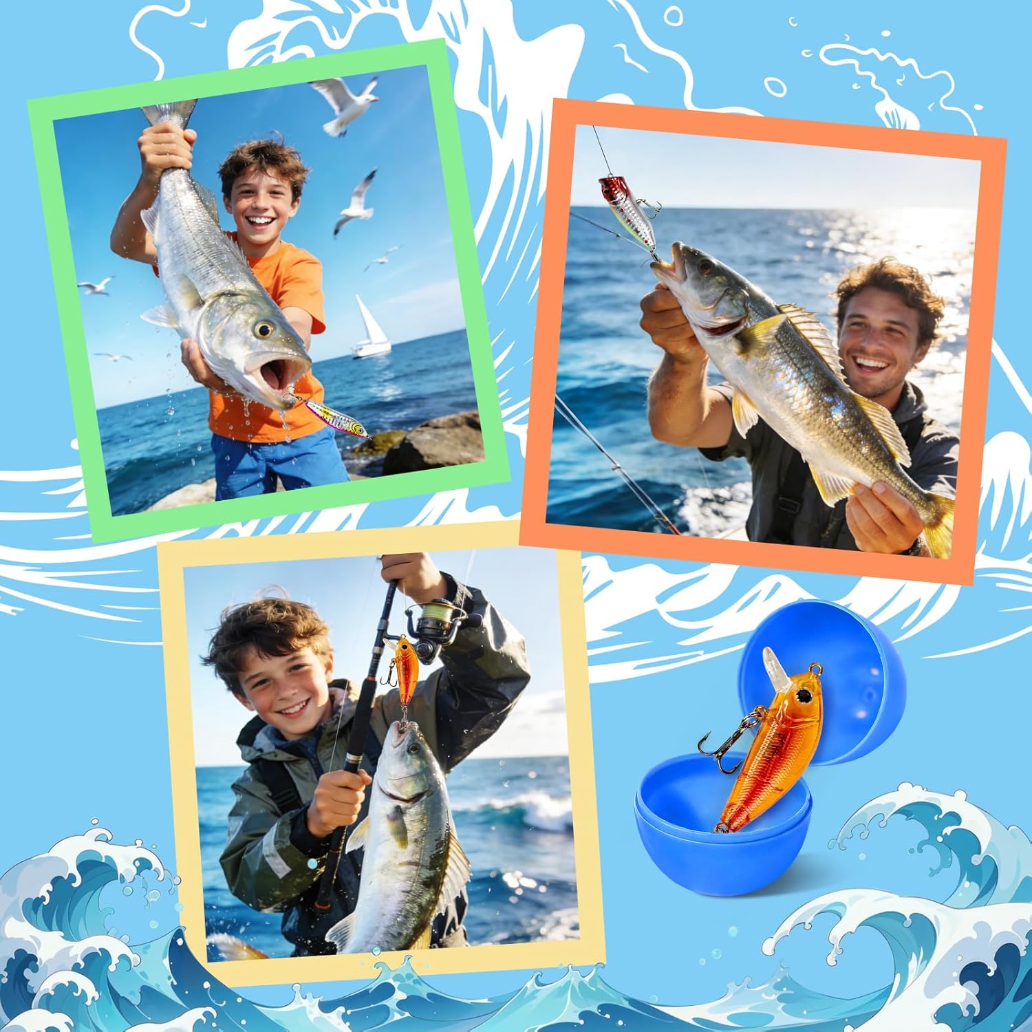 12 Pcs Prefilled Easter Eggs with Fishing Lures Baits Tackle Kit Easter Basket Stuffers Fishing Gear Accessories Egg Fillers Egg Hunt Party Favors for Teens Adults