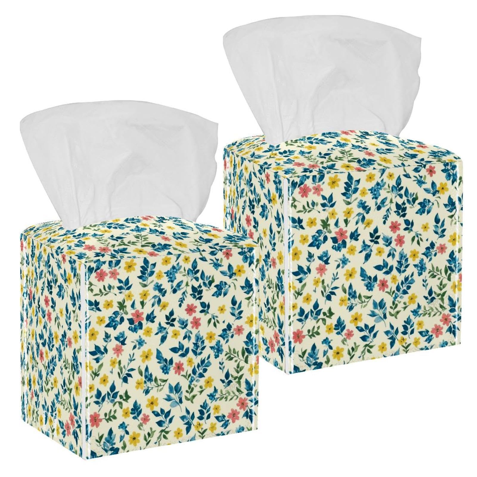 Leaf Tissue Box Cover, 2 Pack PU Leather Square Facial Tissue Dispenser Box holder for Home Office Car