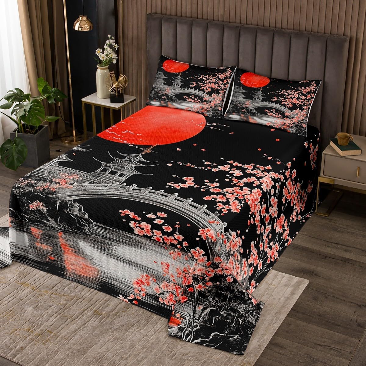 Chinese Painting Bedspread King Size,Traditional Style Building Bridge Quilt Set with 2 Pillowcases,Red Sun Flowers Floral Tree Black Microfiber Coverlet Set for Children Adult,Breathable