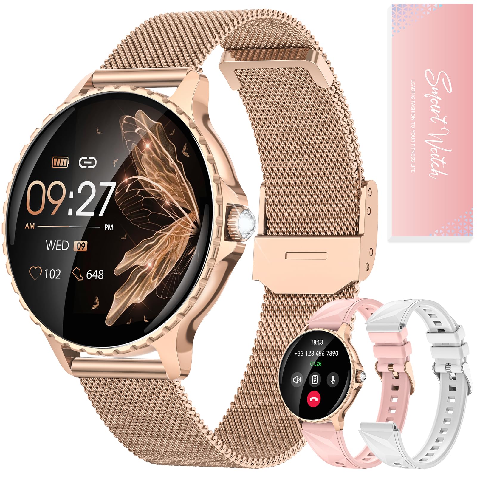 Reloj Inteligente Mujer con Llamadas, 1.27" HD Smartwatch 3 Correas, Diseño Diamante, 200+ Esferas Frecuencia Cardíaca SpO2 Sueño Ciclo Menstrual, 113 Modos Deportivos Android iOS Oro (Caja de Regalo)