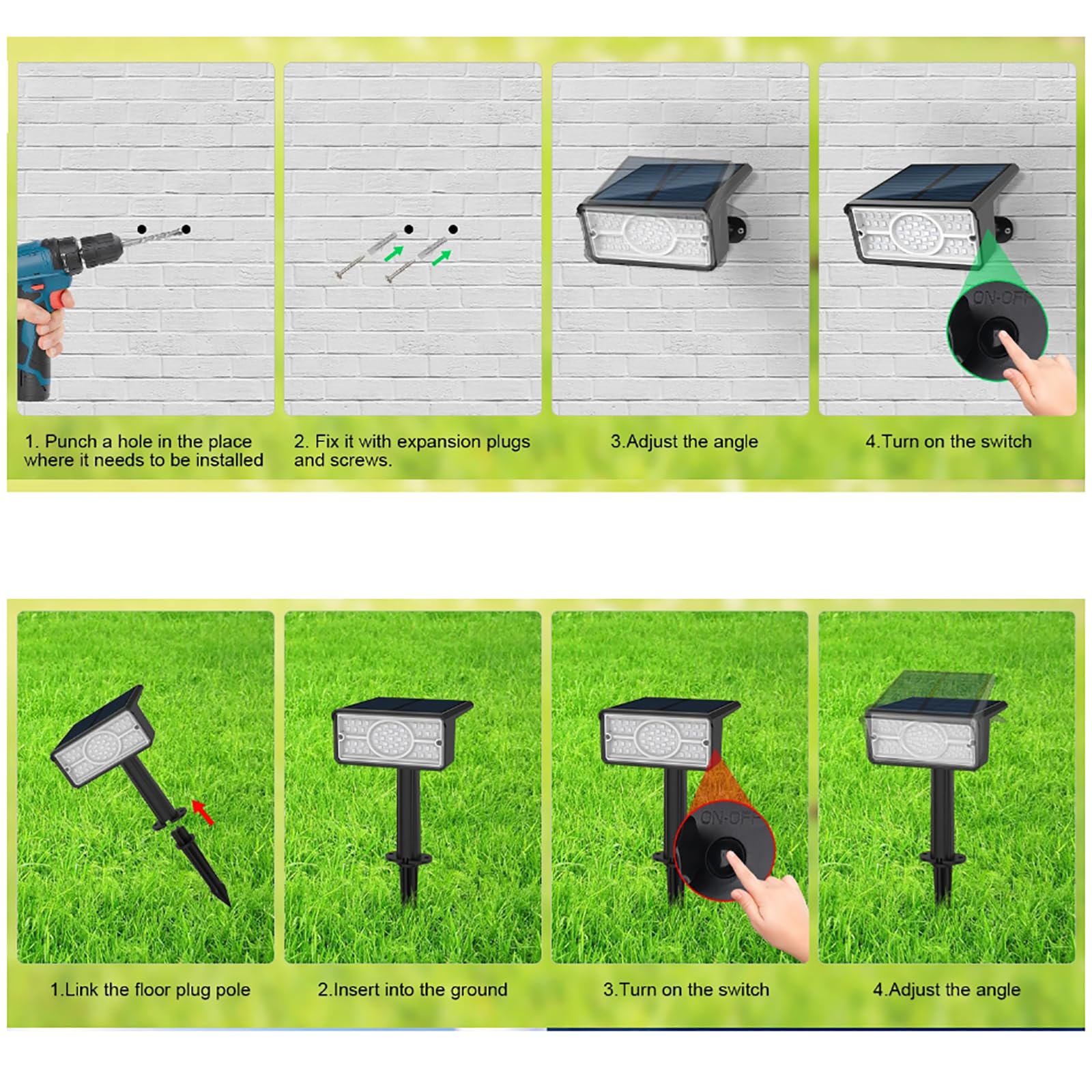 Faretti solari a LED da 2 pacchi, Luci di sicurezza solari, Accensione/spegnimento automatico Luce per esterni da esterno, Luci da giardino impermeabili IP65, per patio, vialetto, stagno, terrazza