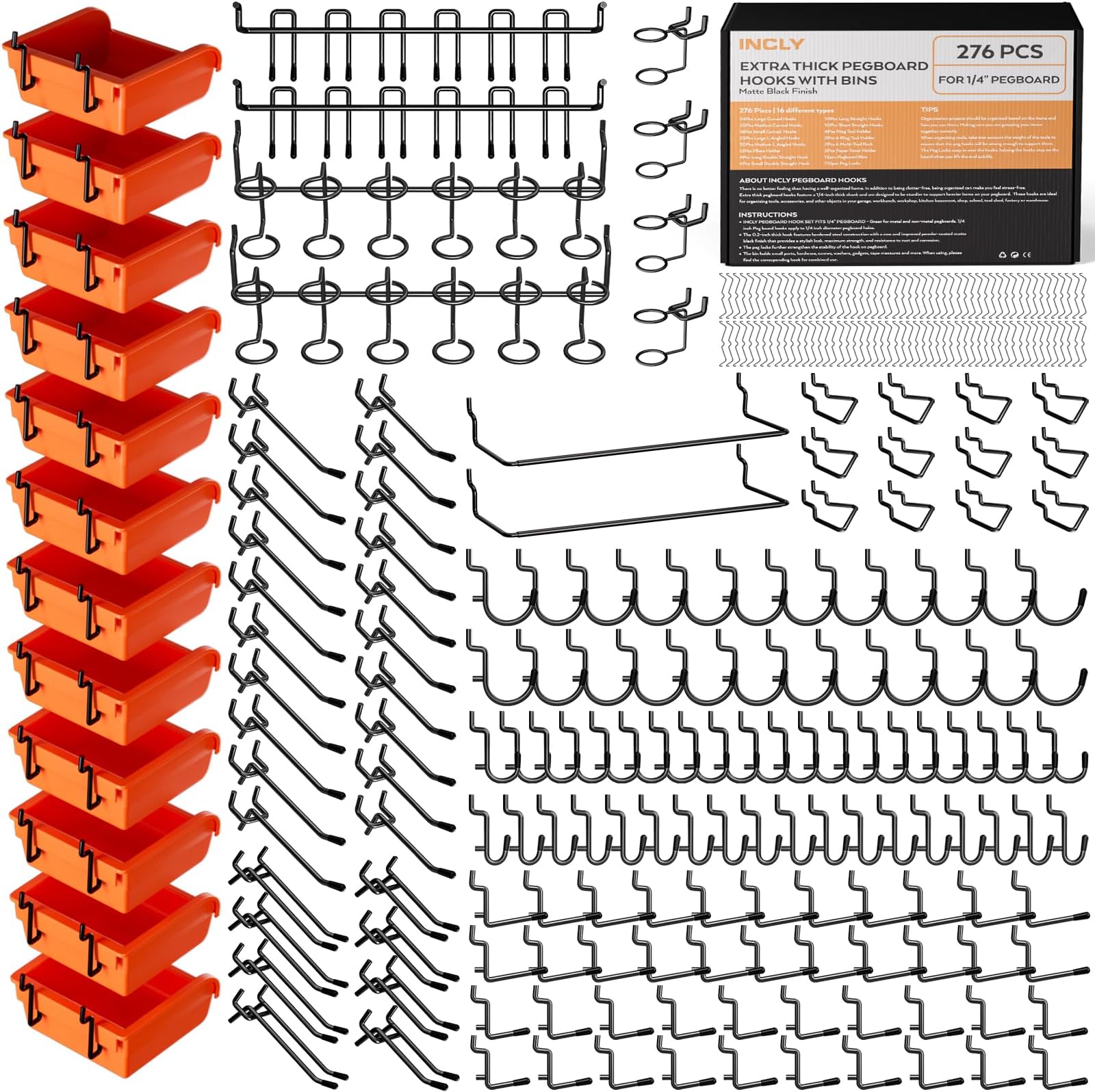 INCLY 276PCS Extra Thick 1/4" Pegboard Accessories Organizer Kit, Heavy Duty Black Pegboard Hooks with Bins & Paper Towel Holder, Peg Board Hook Assortment for Garage Wall Attachments Hanging Tools