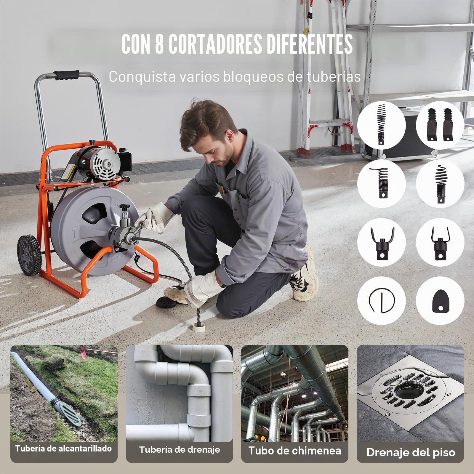 VEVOR Desbloqueador de Tuberías Eléctrico Máquina de Limpieza de Tuberías 22,8m x 1,27cm Limpiador de Tubos de Drenaje con Alimentación Automática Accionamiento Neumático para Tuberías de 5-10 cm