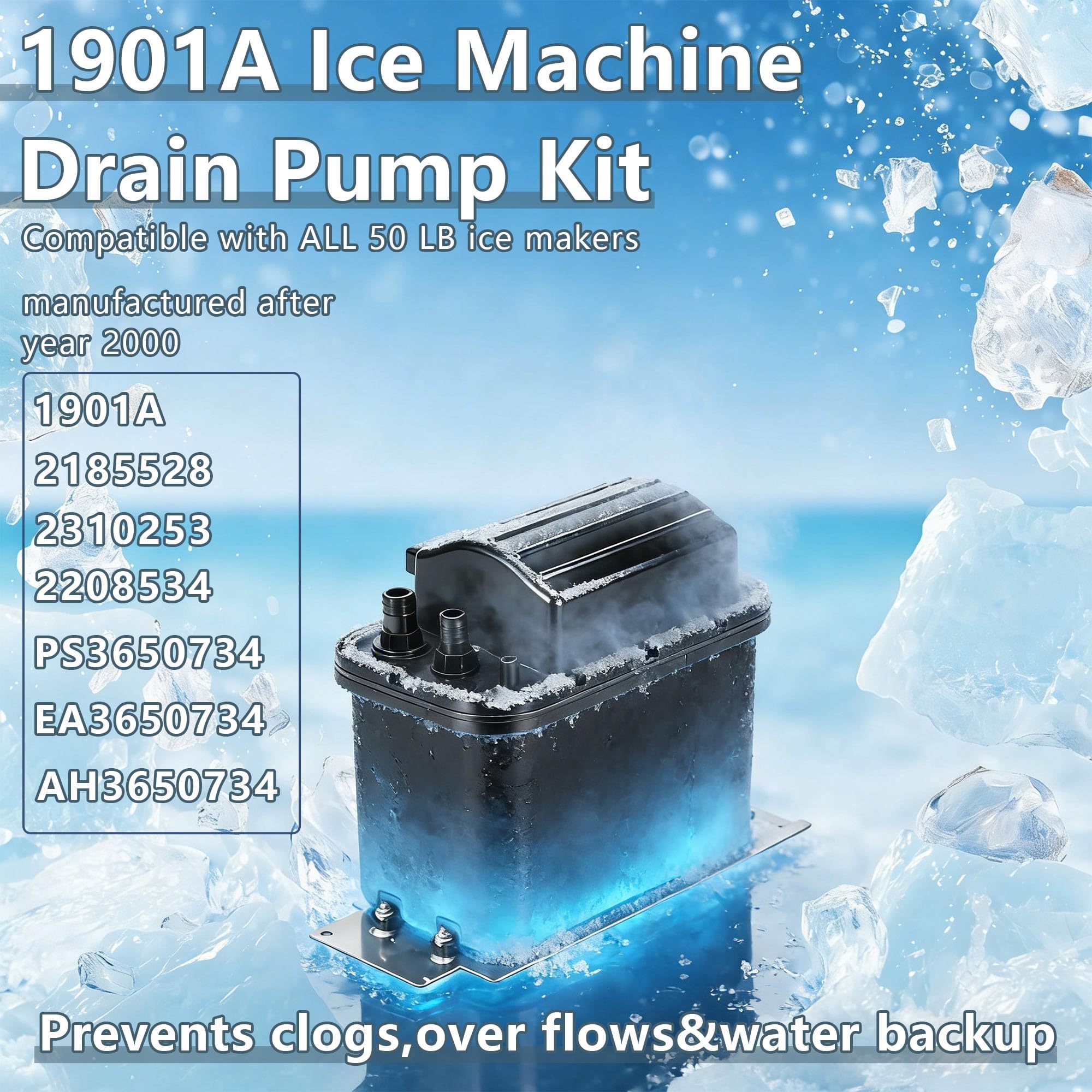 1901A Ice Maker Drain Pump Kit – Replacement for Whirlpool Ice Machines 2185528, 2208534, PS3650734 – 10 Ft Lift, Fits 50-Lb Ice Makers (Manufactured in The Year 2000 or Later)