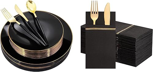 Nervure Nervure - 150 platos de plástico negro y 100 servilletas de papel negro con bolsillo integrado para cubiertos para fiestas, bodas y cenas