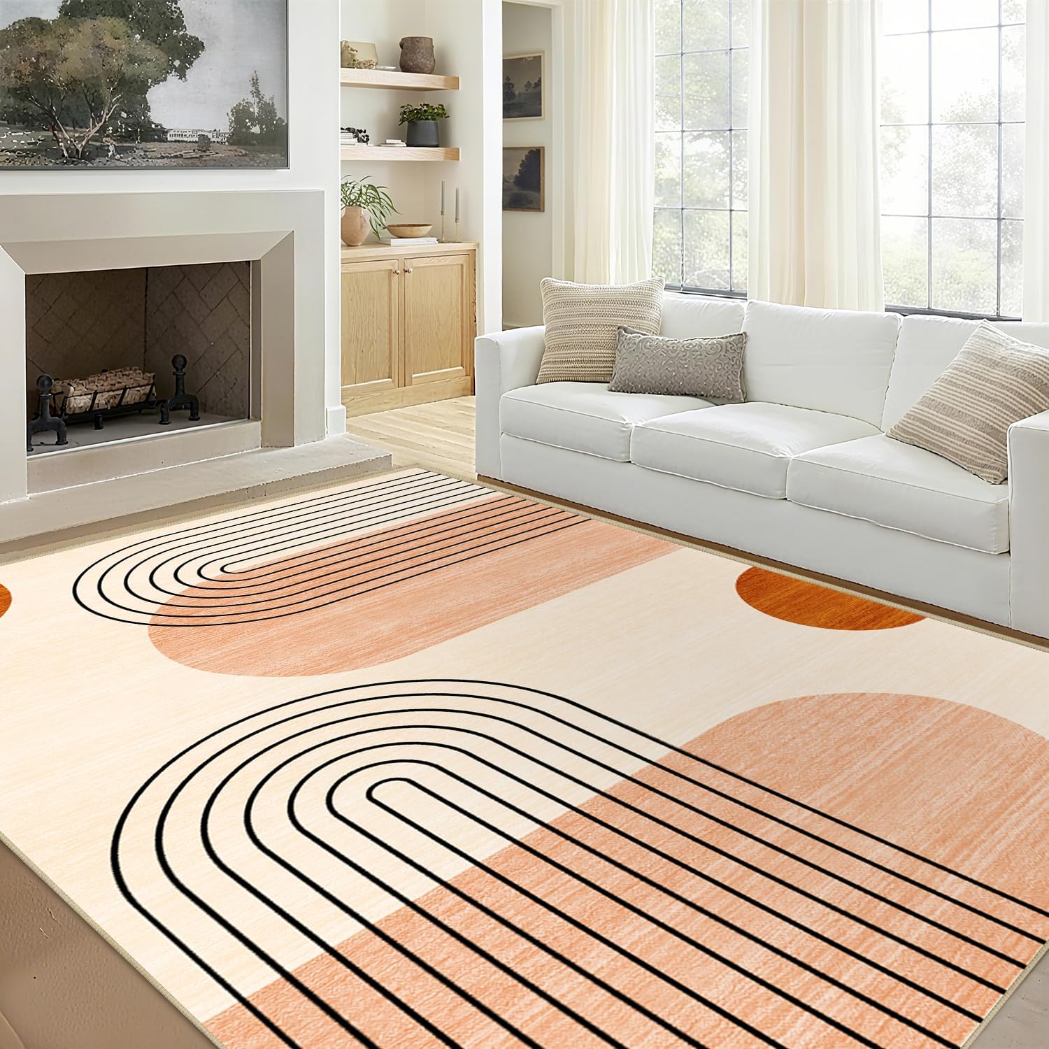 Boho Area Rug 3x5 for Living Room Bedroom, Mid Century Modern Area Rugs Geometric Machine Washable Rug Non-Slip Printed Low-Pile Floor Carpet for Kitchen Bathroom, Orange